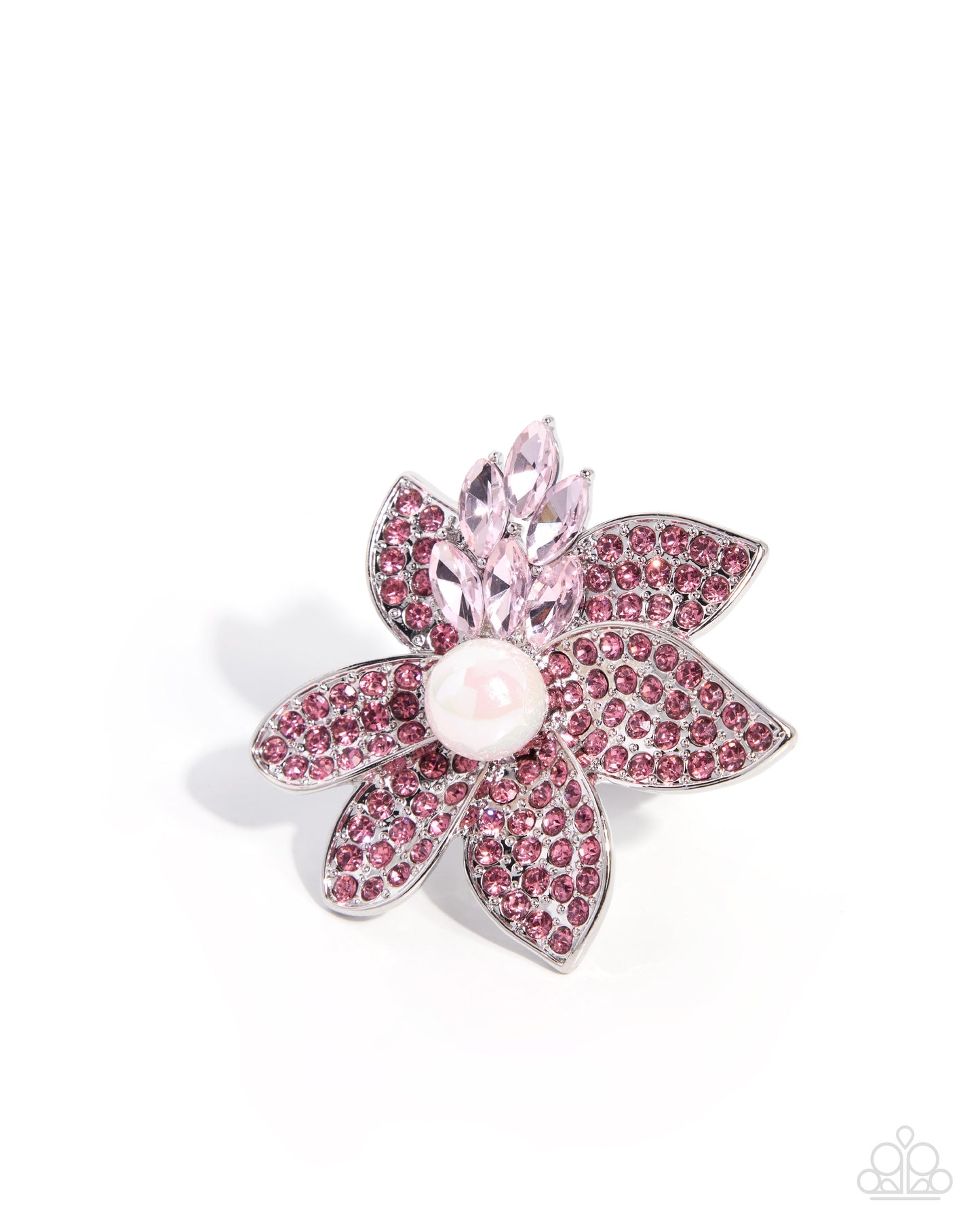 Beguiling Bloom pink floral statement ring with marquise gems and rhinestone silver petals by Jewelry by Bretta