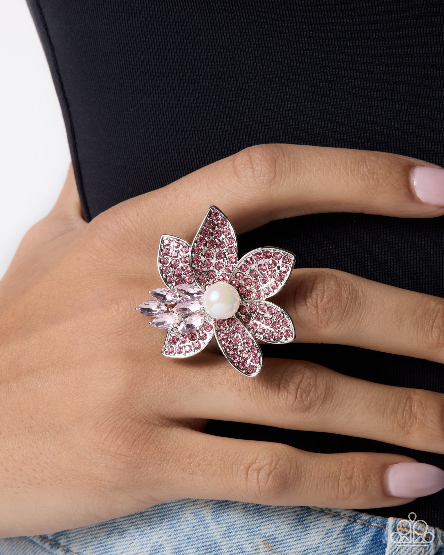 Beguiling Bloom pink floral statement ring with marquise gems and rhinestone silver petals by Jewelry by Bretta