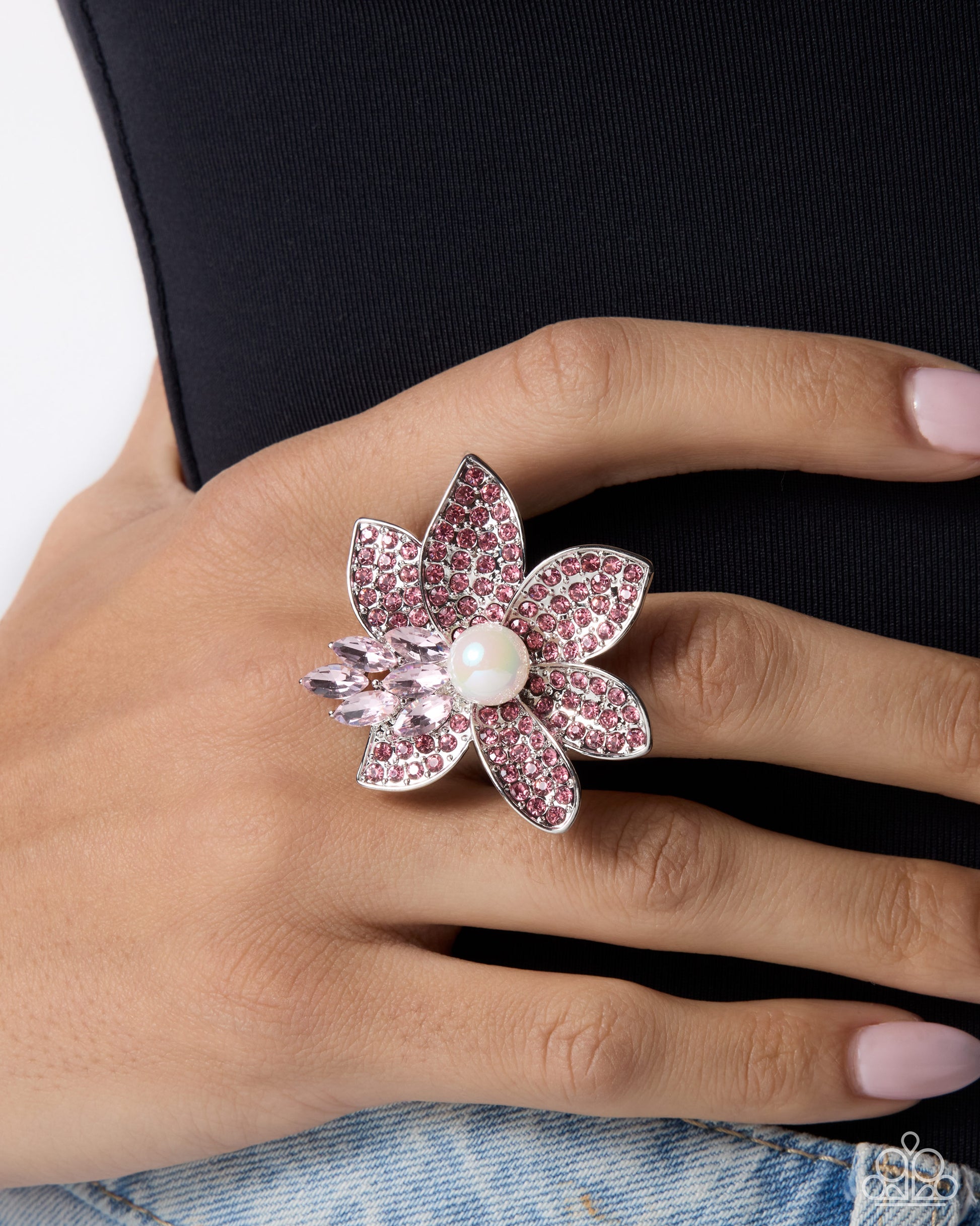 Beguiling Bloom pink floral statement ring with marquise gems and rhinestone silver petals by Jewelry by Bretta
