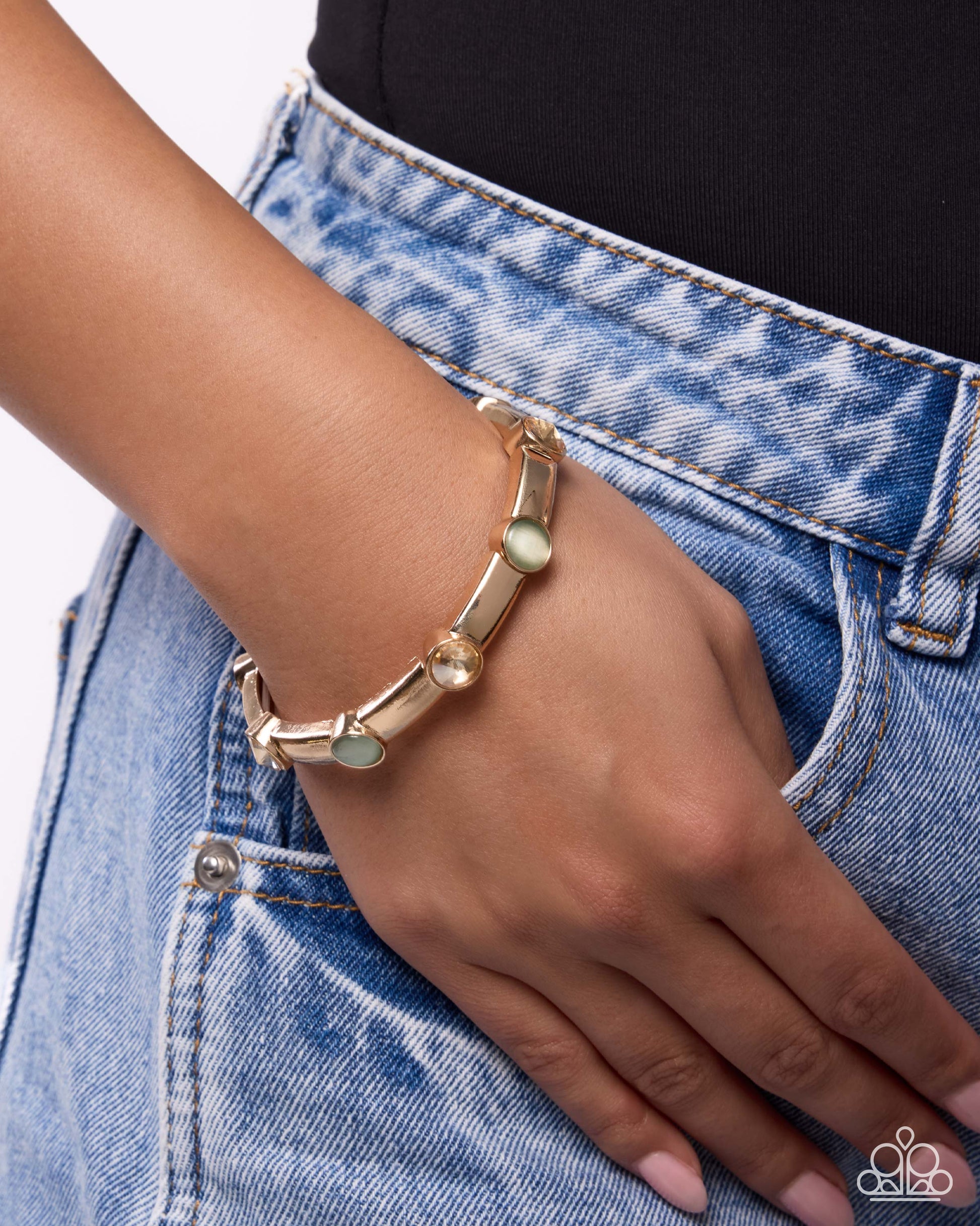 Green cat's eye and Golden Shadow rhinestone bracelet, Comfortable Class | Jewelry by Bretta