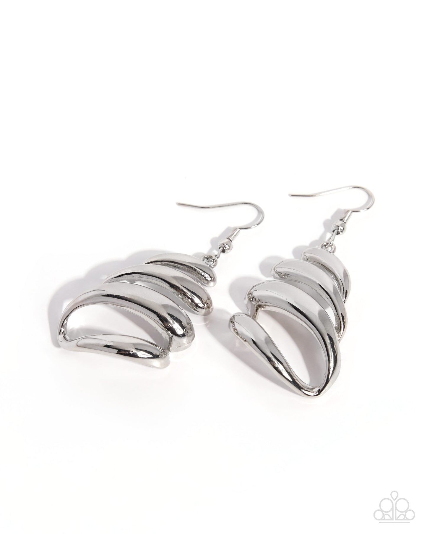 A pair of silver-toned dangle earrings with a layered, curved, shell-like design, displayed on a clean white background.