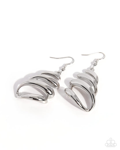 A pair of silver-toned dangle earrings with a layered, curved, shell-like design, displayed on a clean white background.