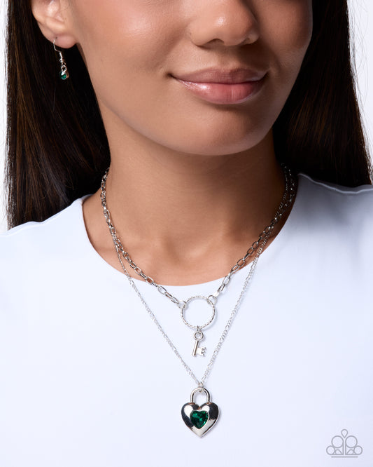 Unlocking More layered silver necklace with green heart and key charm | Jewelry by Bretta