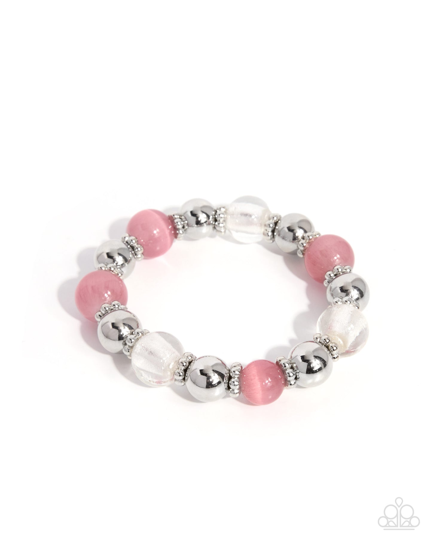 A beaded stretch bracelet featuring pink and clear faceted beads with shiny silver metallic spacer beads, displayed on a clean white background.