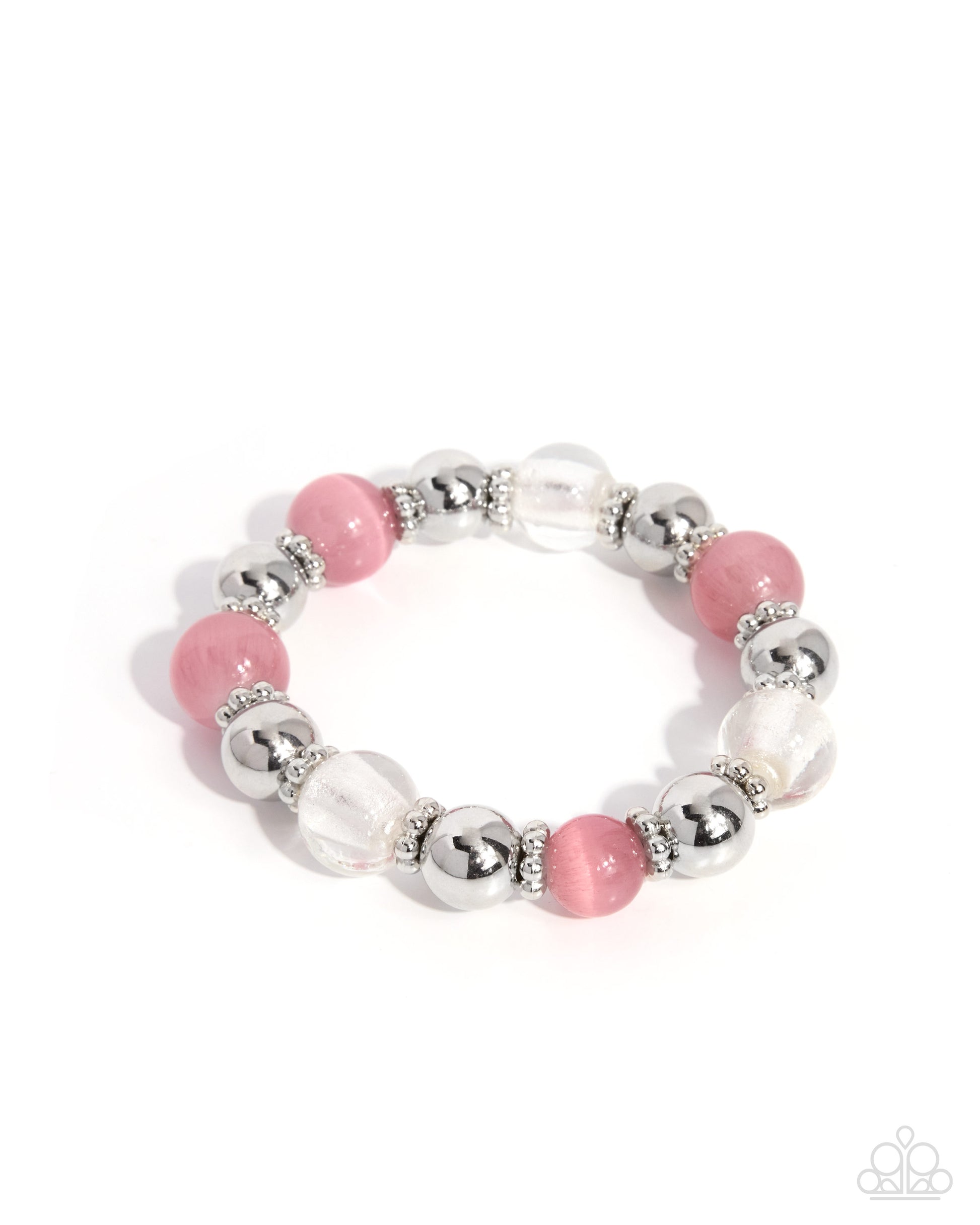 A beaded stretch bracelet featuring pink and clear faceted beads with shiny silver metallic spacer beads, displayed on a clean white background.