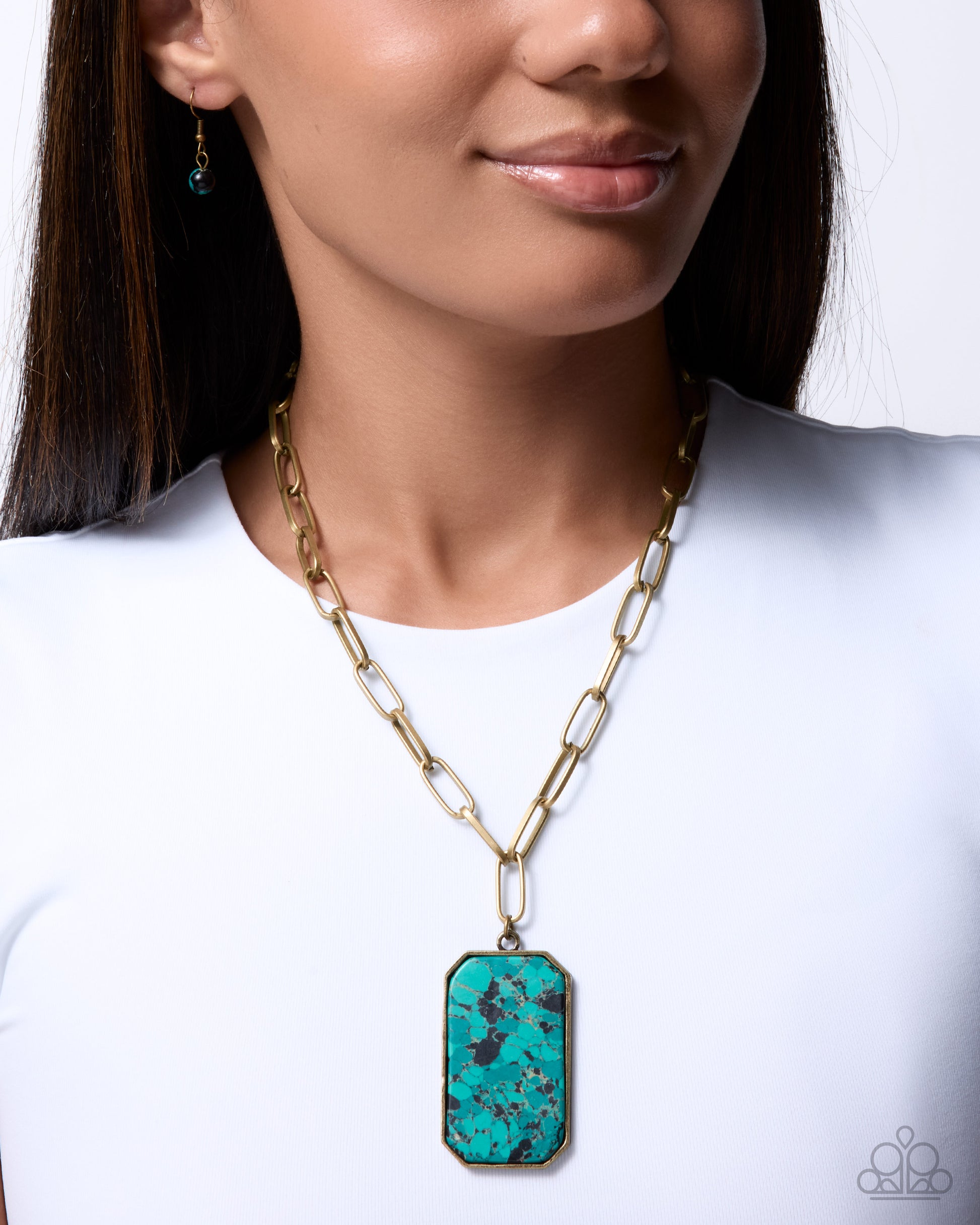Green stone pendant on brass paperclip chain necklace, Rustic Red Carpet | Jewelry by Bretta