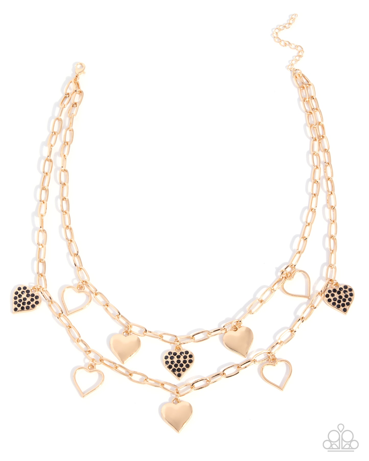 A double-layered gold-tone chain necklace with heart charms, featuring some heart charms encrusted with small black stones, displayed on a clean white background.