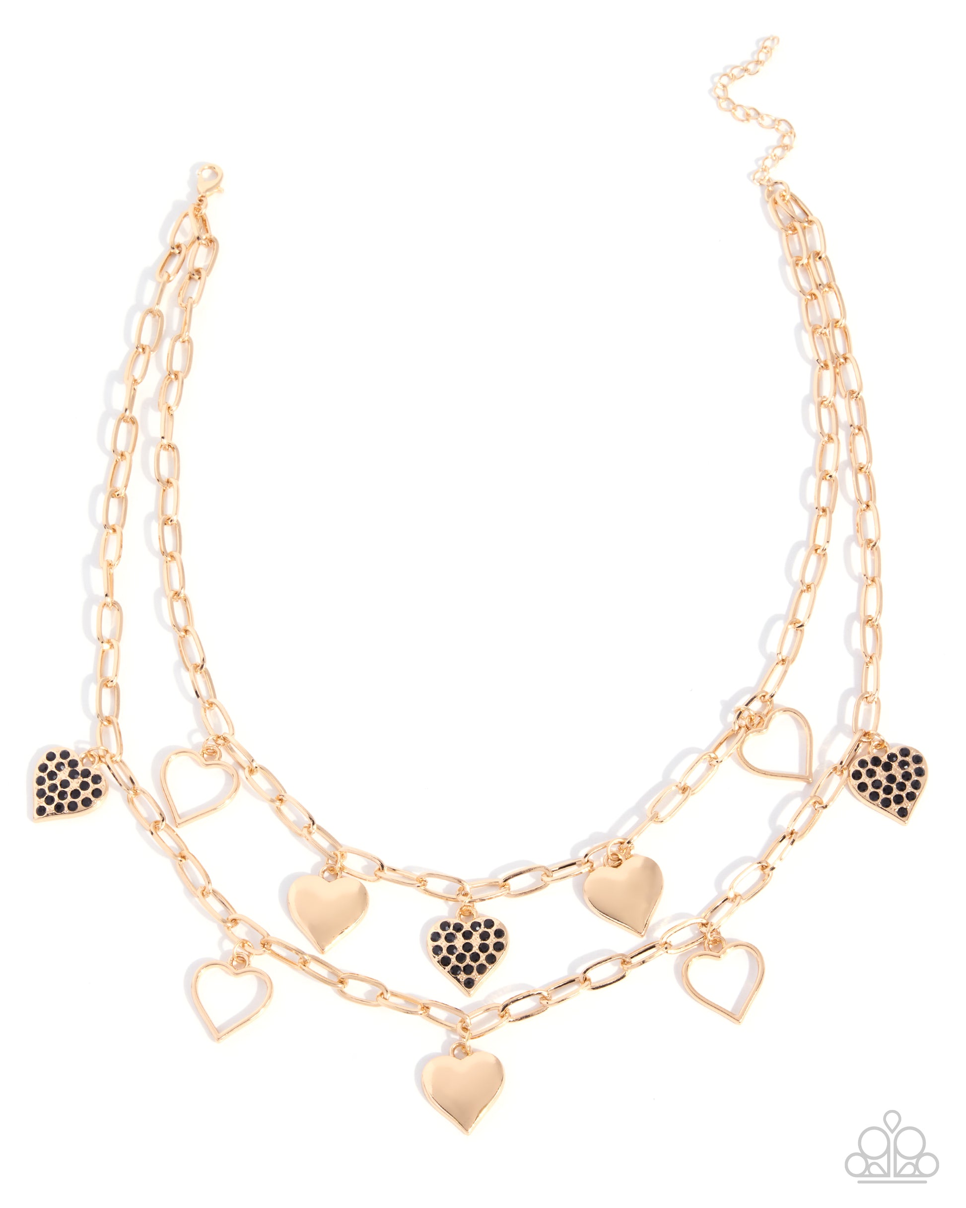 A double-layered gold-tone chain necklace with heart charms, featuring some heart charms encrusted with small black stones, displayed on a clean white background.