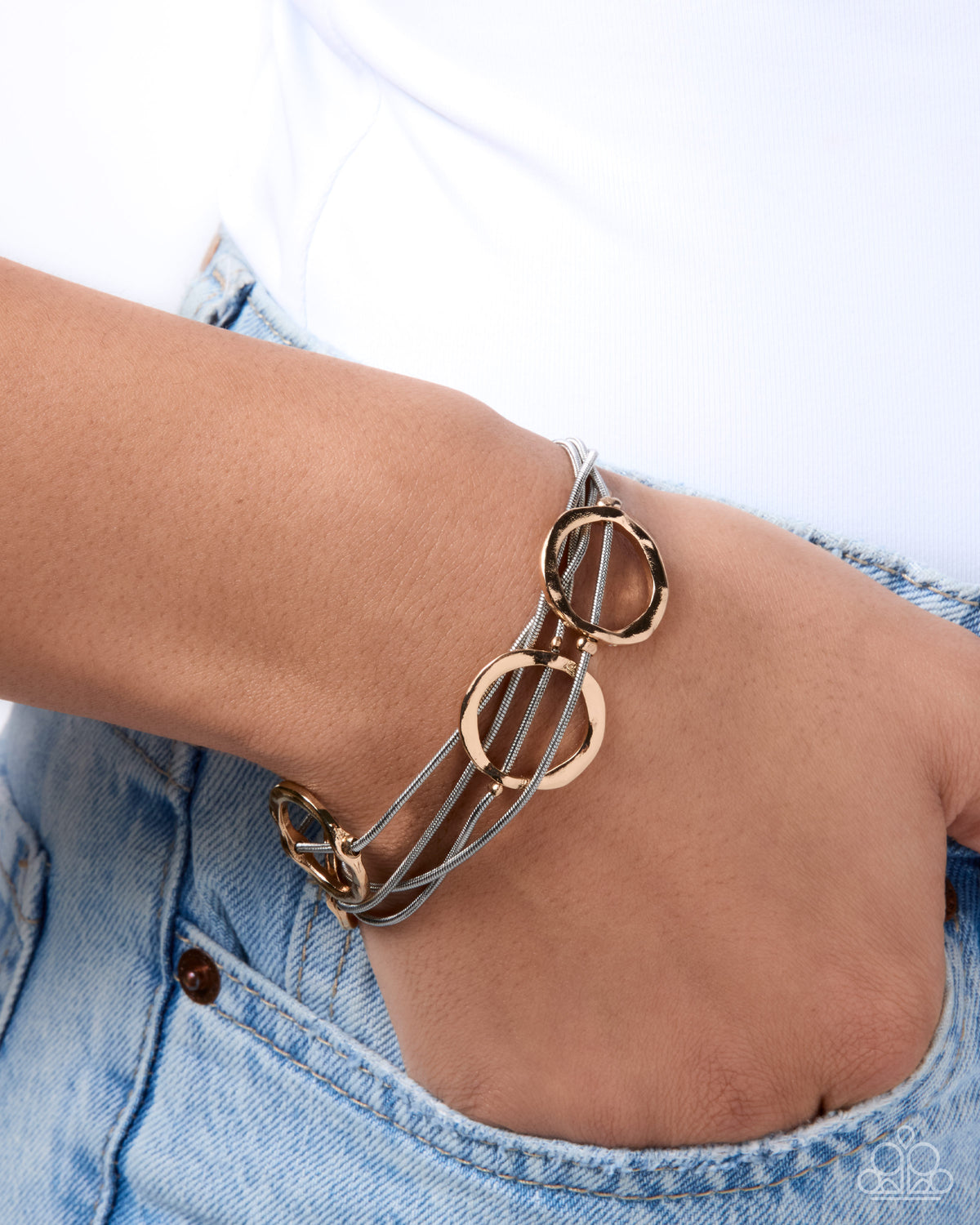 Infused Icon mixed metal bracelet with silver snake chains and gold rings - additional view