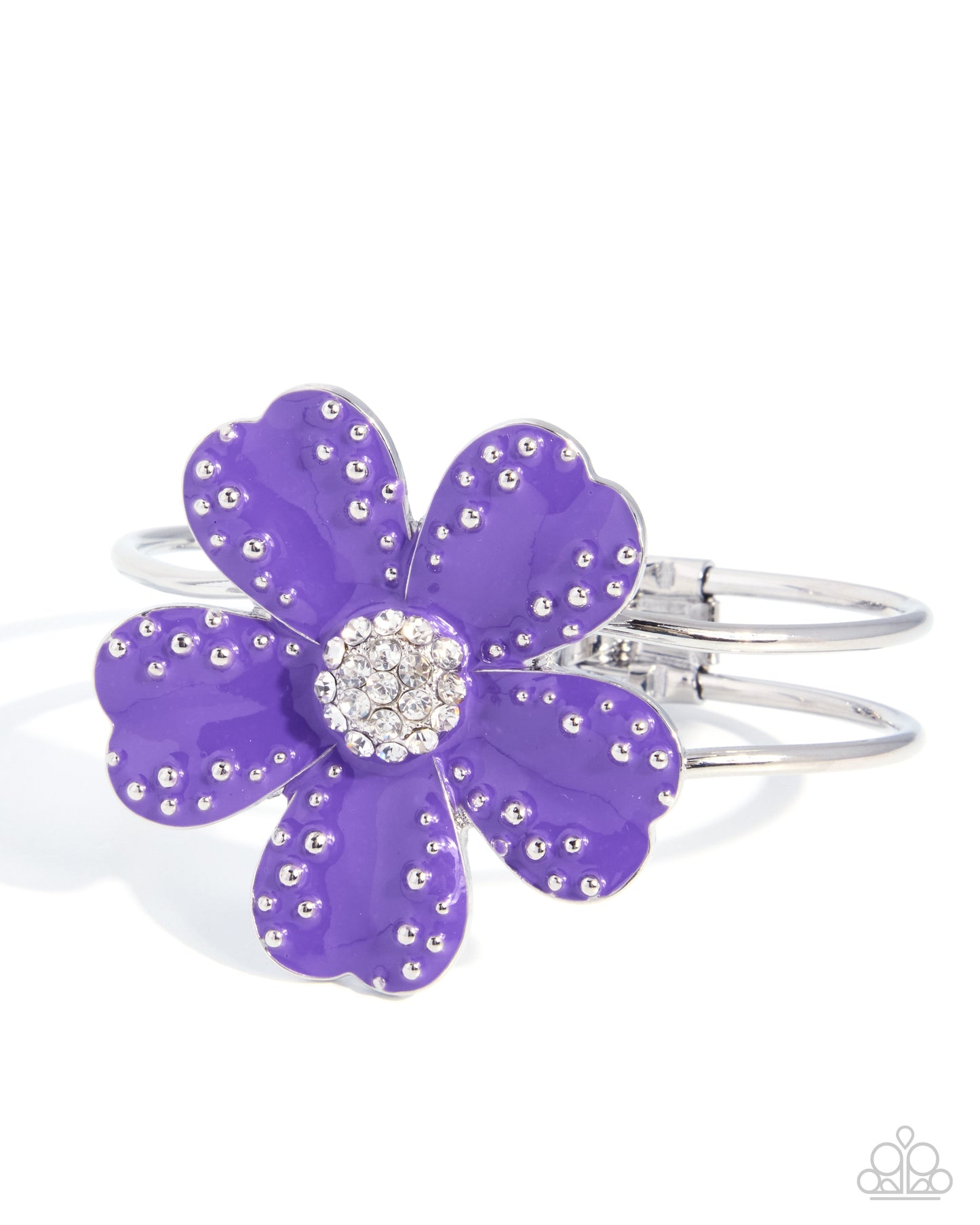 A silver-tone flower-shaped cuff bracelet with vibrant purple enamel petals, embellished with small clear rhinestones around the petals and a matching rhinestone center, shown on a white background.