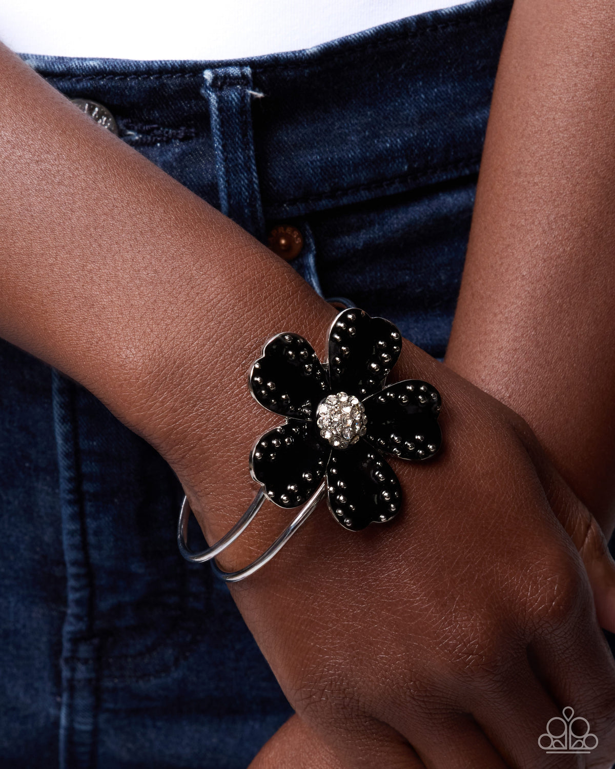A Breath of Whimsy hinged silver cuff bracelet detail