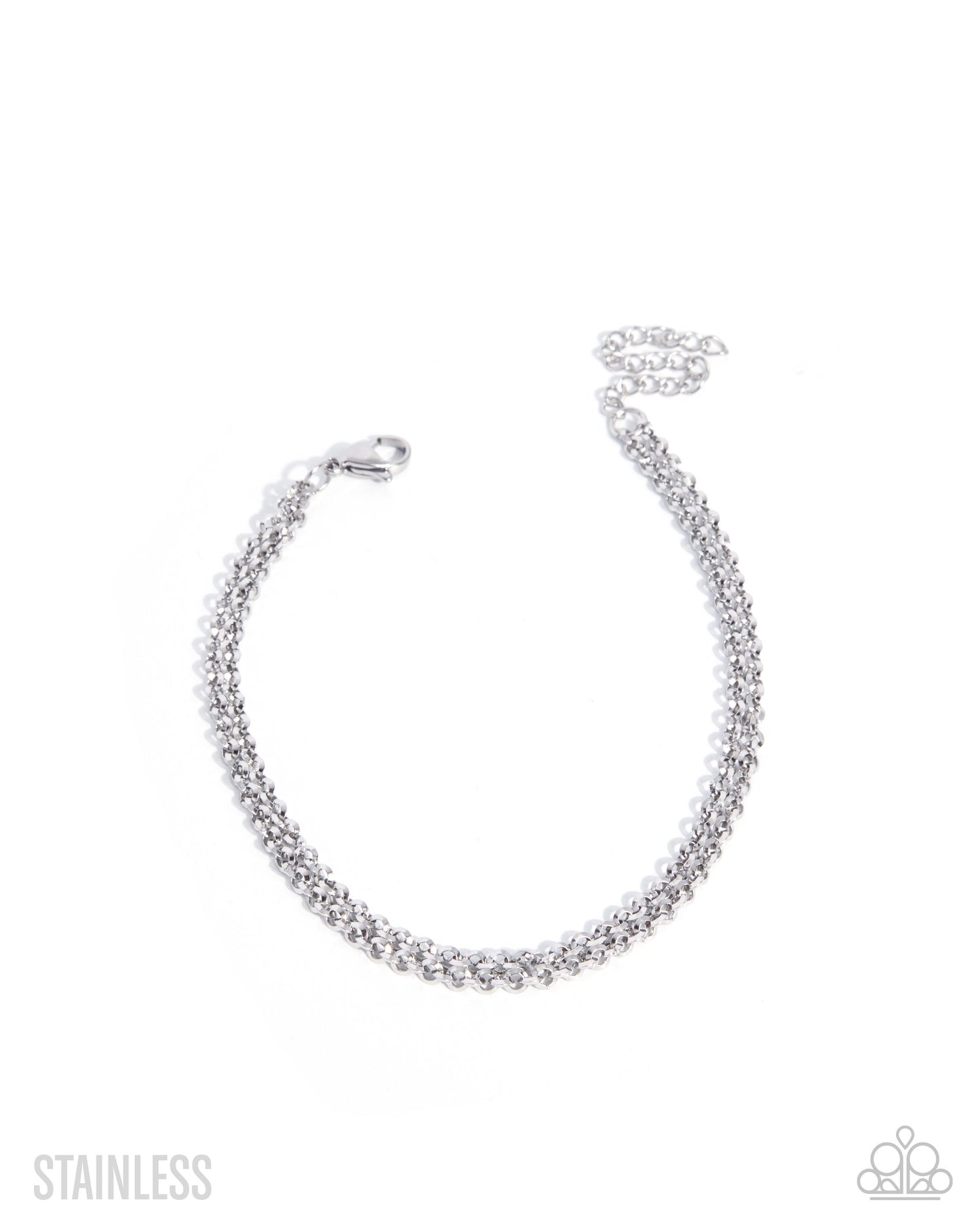 A silver stainless steel chain bracelet with a lobster clasp, displayed on a clean white background with 'STAINLESS' text in the bottom left and a small logo in the bottom right.