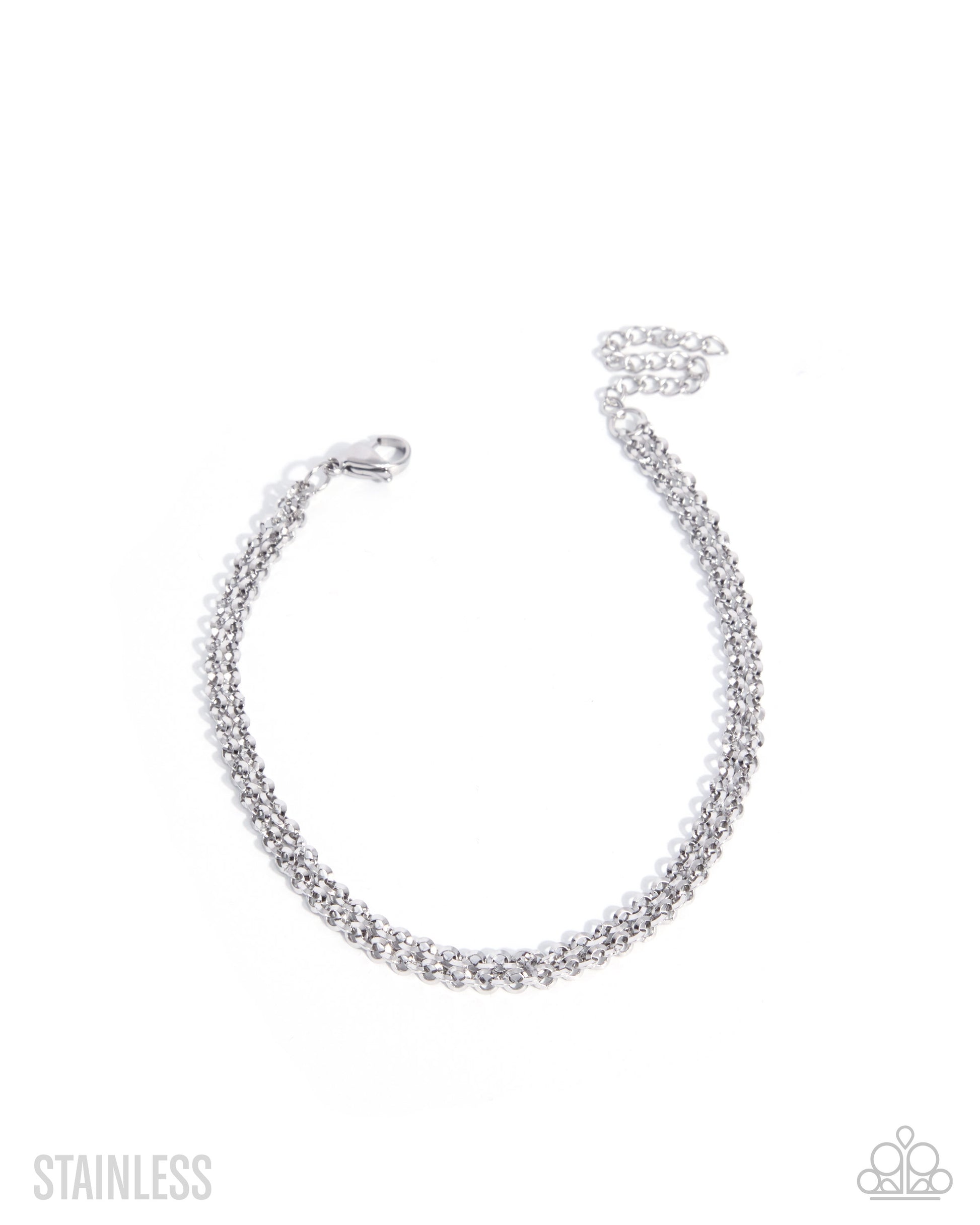 A silver stainless steel chain bracelet with a lobster clasp, displayed on a clean white background with 'STAINLESS' text in the bottom left and a small logo in the bottom right.