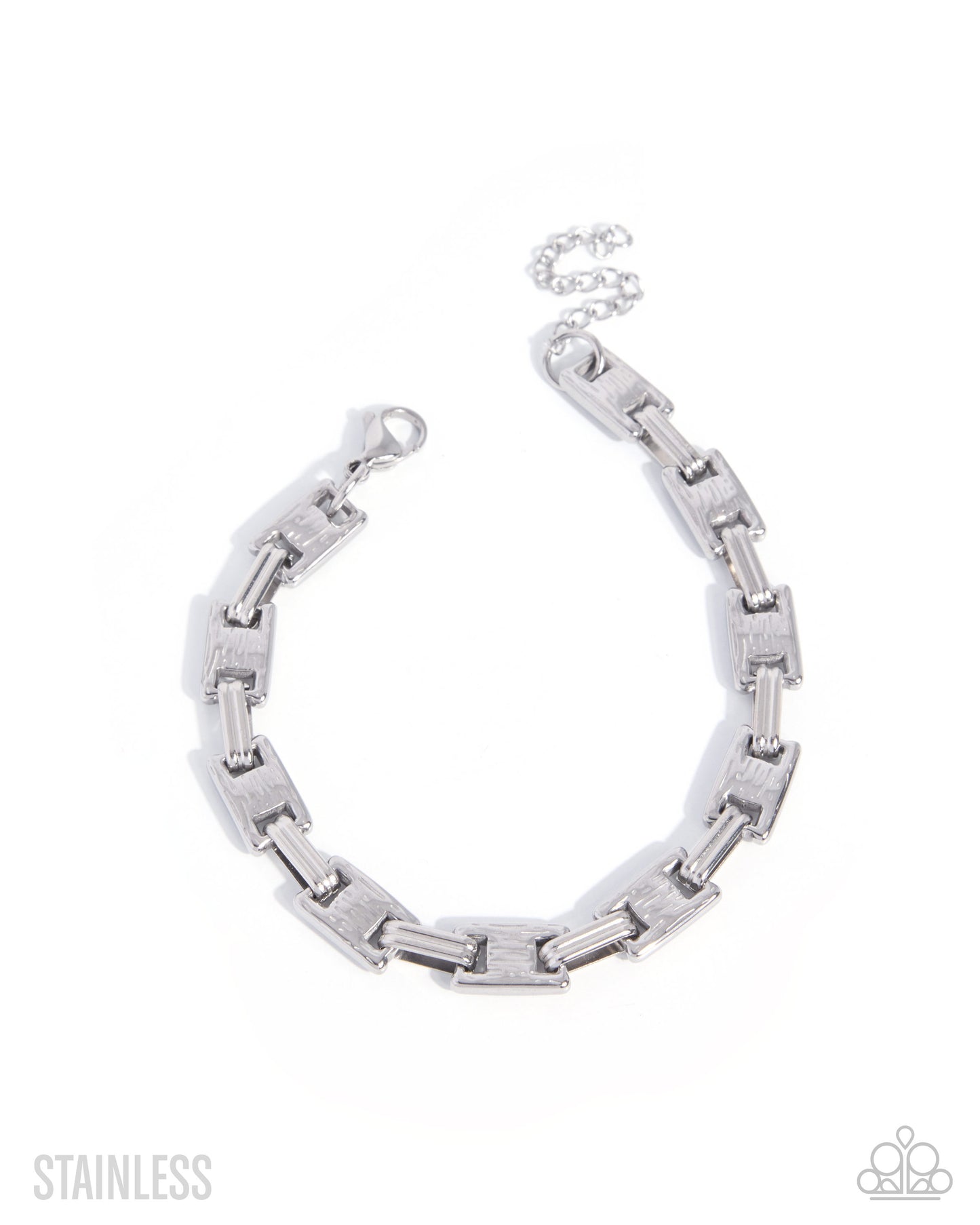 A silver stainless steel link chain bracelet with a textured, brushed finish on the larger rectangular links and a polished clasp, displayed on a clean white background with 'STAINLESS' text in the bottom left and a small logo in the bottom right.