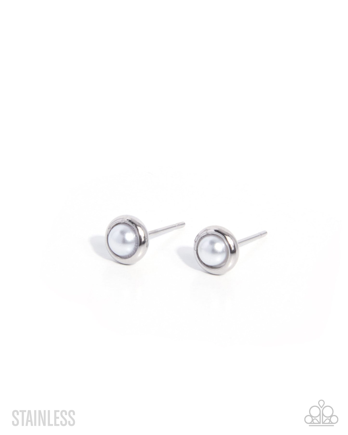 A pair of minimalist stainless steel stud earrings with round bezel-set white pearls, shown on a clean white background with a faint shadow.
