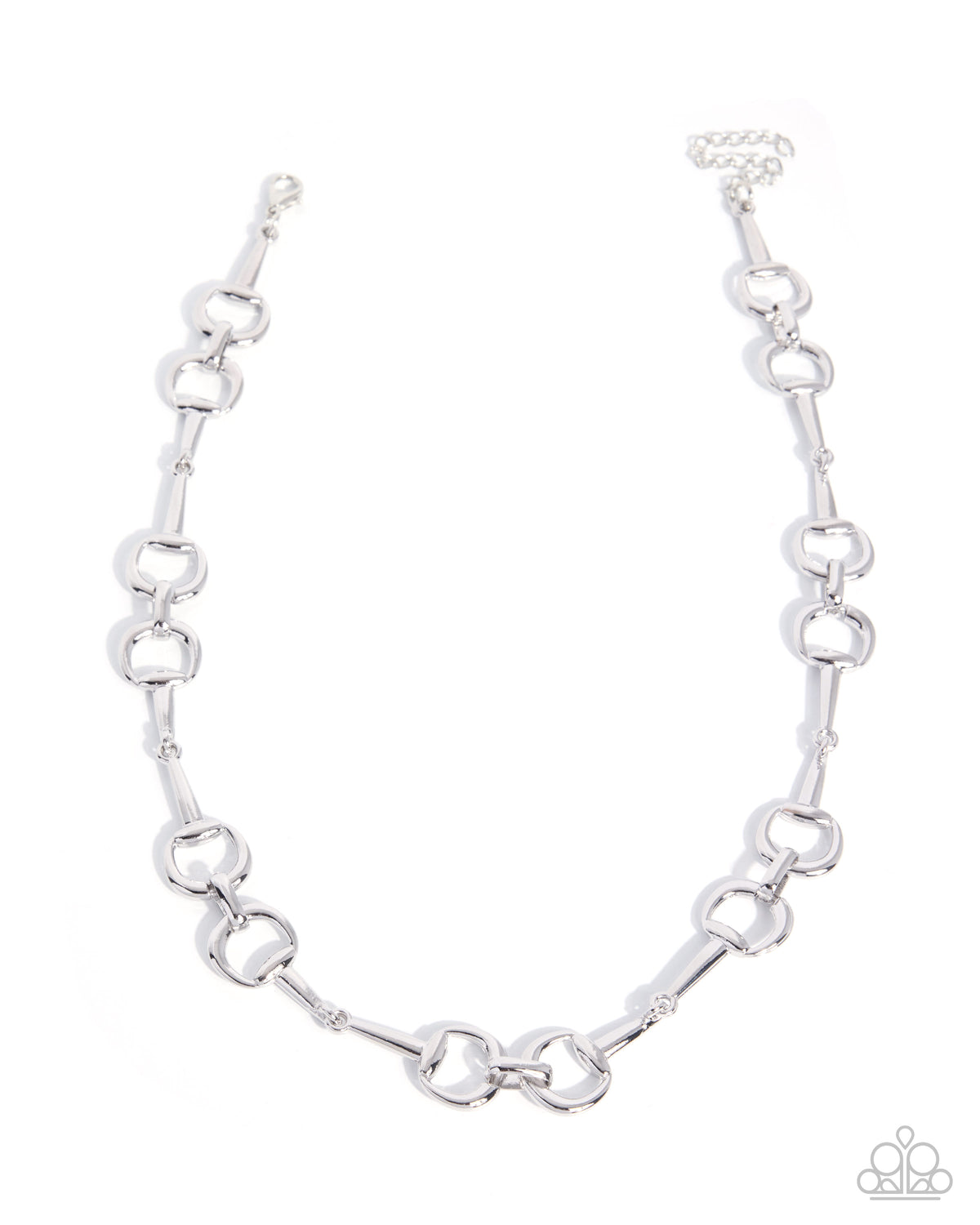A silver-toned metal link chain necklace with alternating elongated oval links and smaller interlocking circular links, displayed on a clean white background.