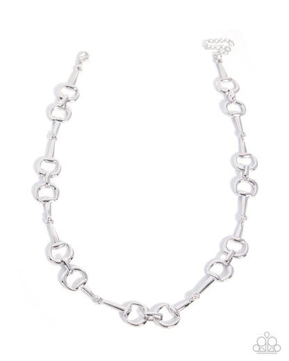 A silver-toned metal link chain necklace with alternating elongated oval links and smaller interlocking circular links, displayed on a clean white background.