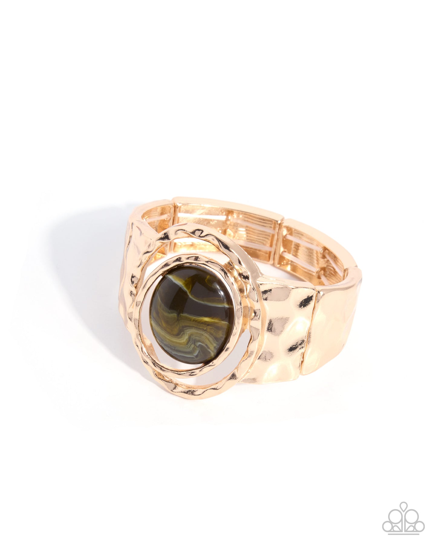 A gold-plated ring featuring a large oval cabochon stone with a marbled green and black pattern, set against a clean white background.