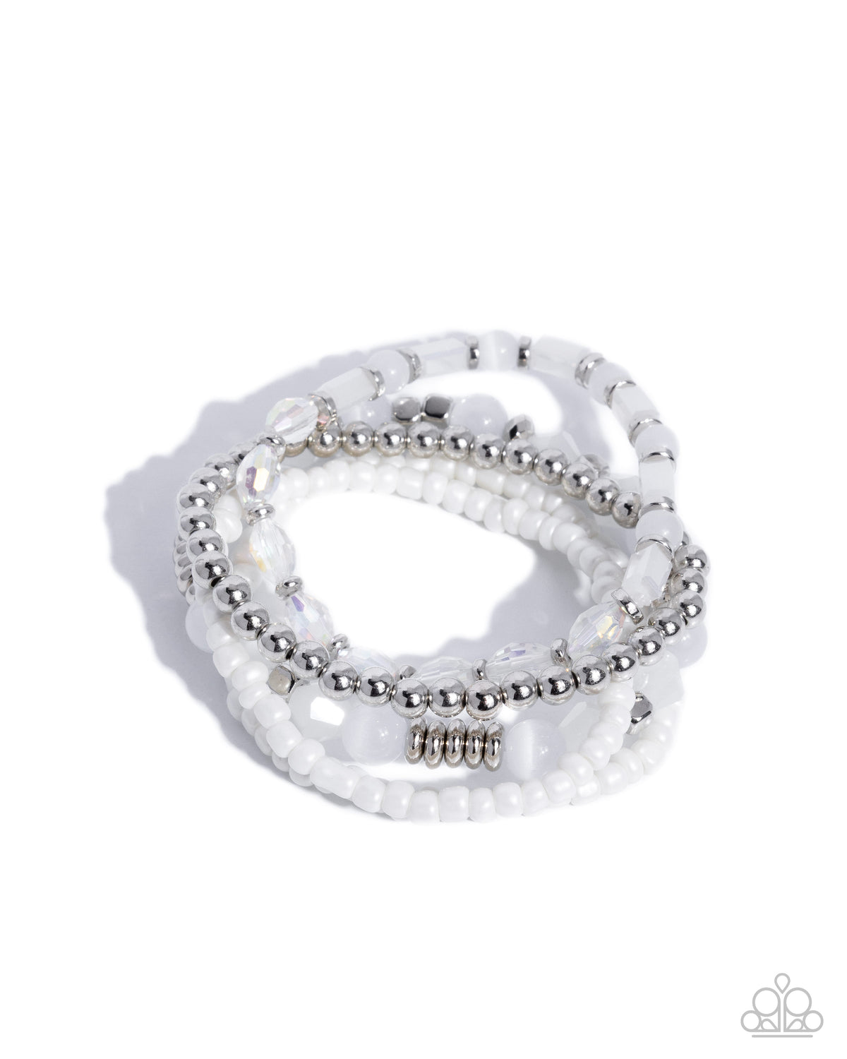 Paparazzi A Beautiful Blend White five-piece stretch bracelet set | Jewelry by Bretta, photo 3