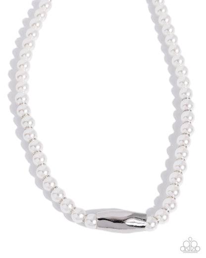 Operatic Observation white pearl necklace front view