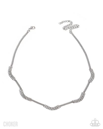 Rounded Refinement silver choker necklace with white rhinestones and layered ball chains from Jewelry by Bretta