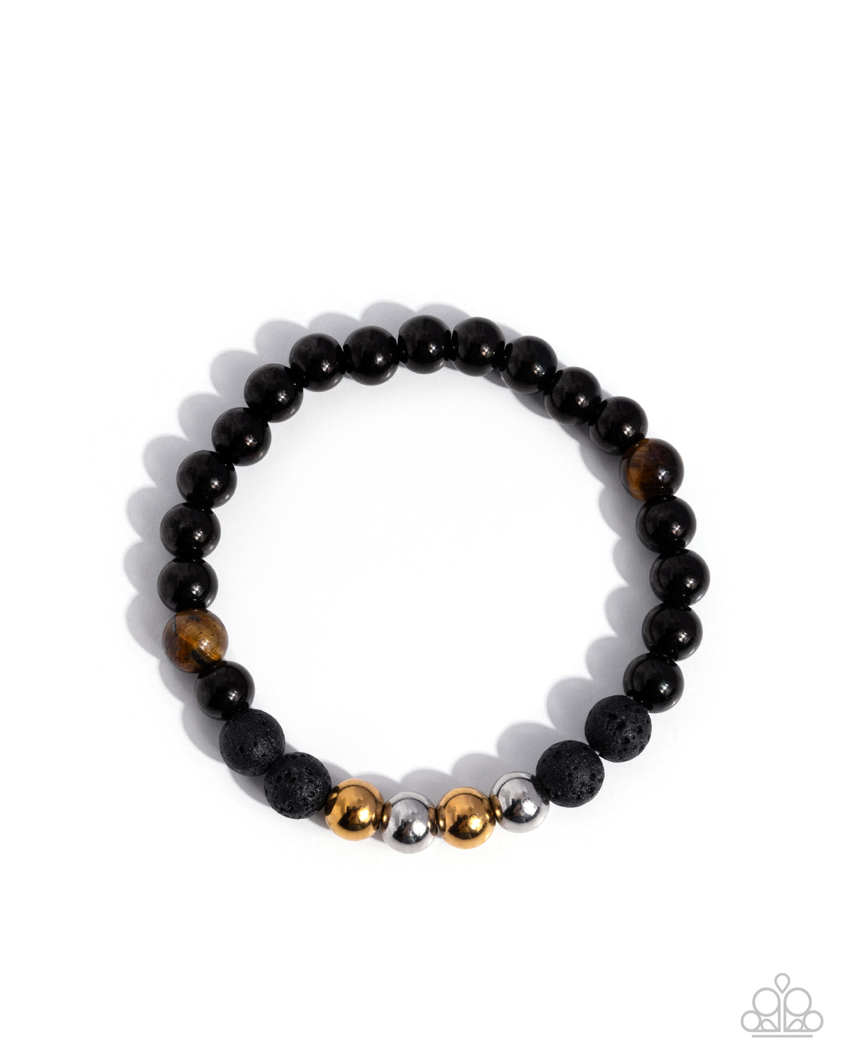 A beaded stretch bracelet featuring black lava stone beads, polished tiger's eye beads, and three accent metallic beads in gold, silver, and bronze, displayed on a clean white background.