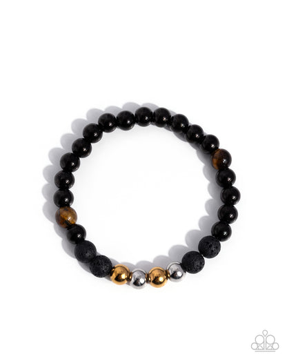 A beaded stretch bracelet featuring black lava stone beads, polished tiger's eye beads, and three accent metallic beads in gold, silver, and bronze, displayed on a clean white background.
