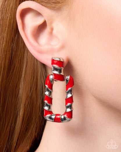 Candy Cane Chic Red Striped Silver Post Earrings by Paparazzi Accessories
