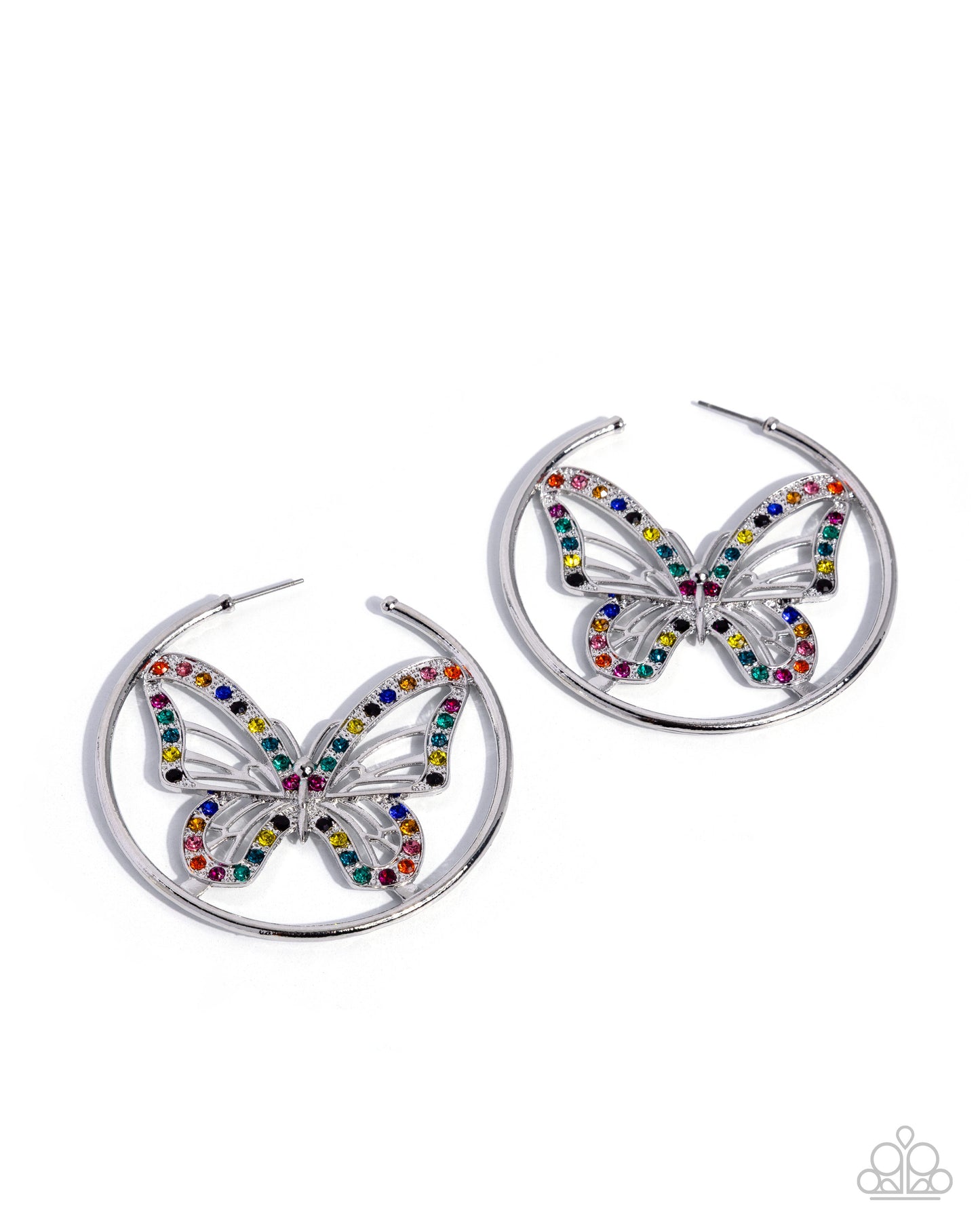 A pair of silver-tone hoop earrings featuring a butterfly design embellished with multicolored rhinestones, shown on a plain white background.