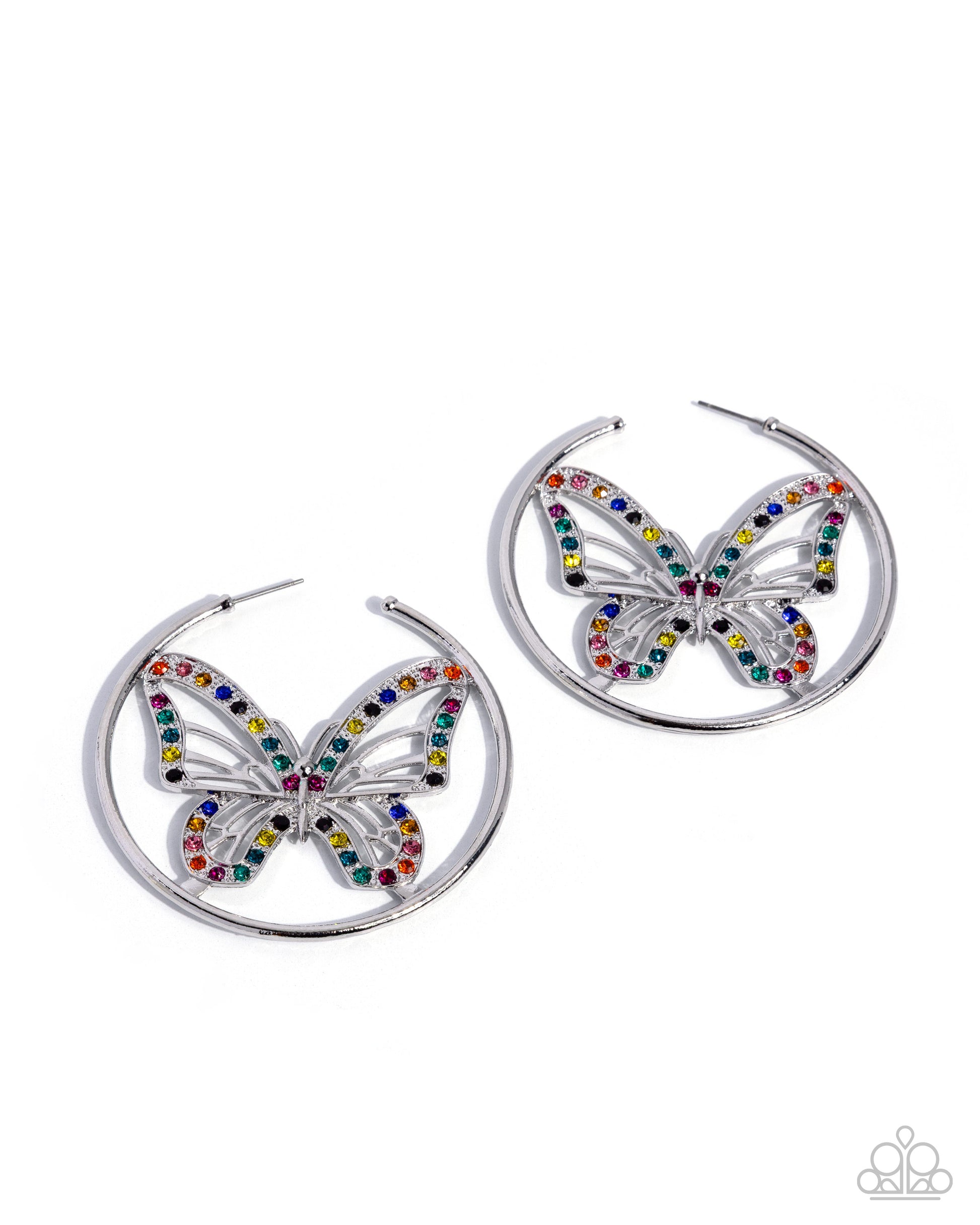 A pair of silver-tone hoop earrings featuring a butterfly design embellished with multicolored rhinestones, shown on a plain white background.