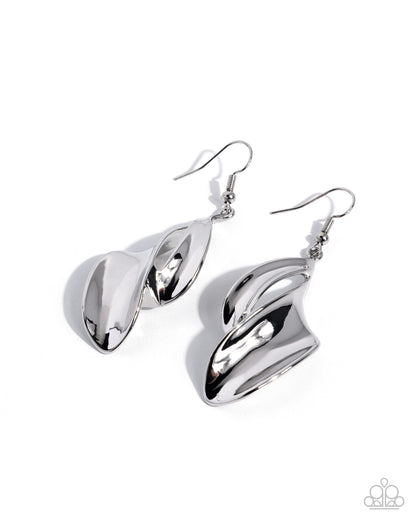 A pair of shiny silver drop earrings with organic, leaf-like curved shapes and fishhook wires, shown on a clean white background.