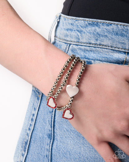 Adoring Fan red and silver heart bracelet set by Paparazzi Accessories
