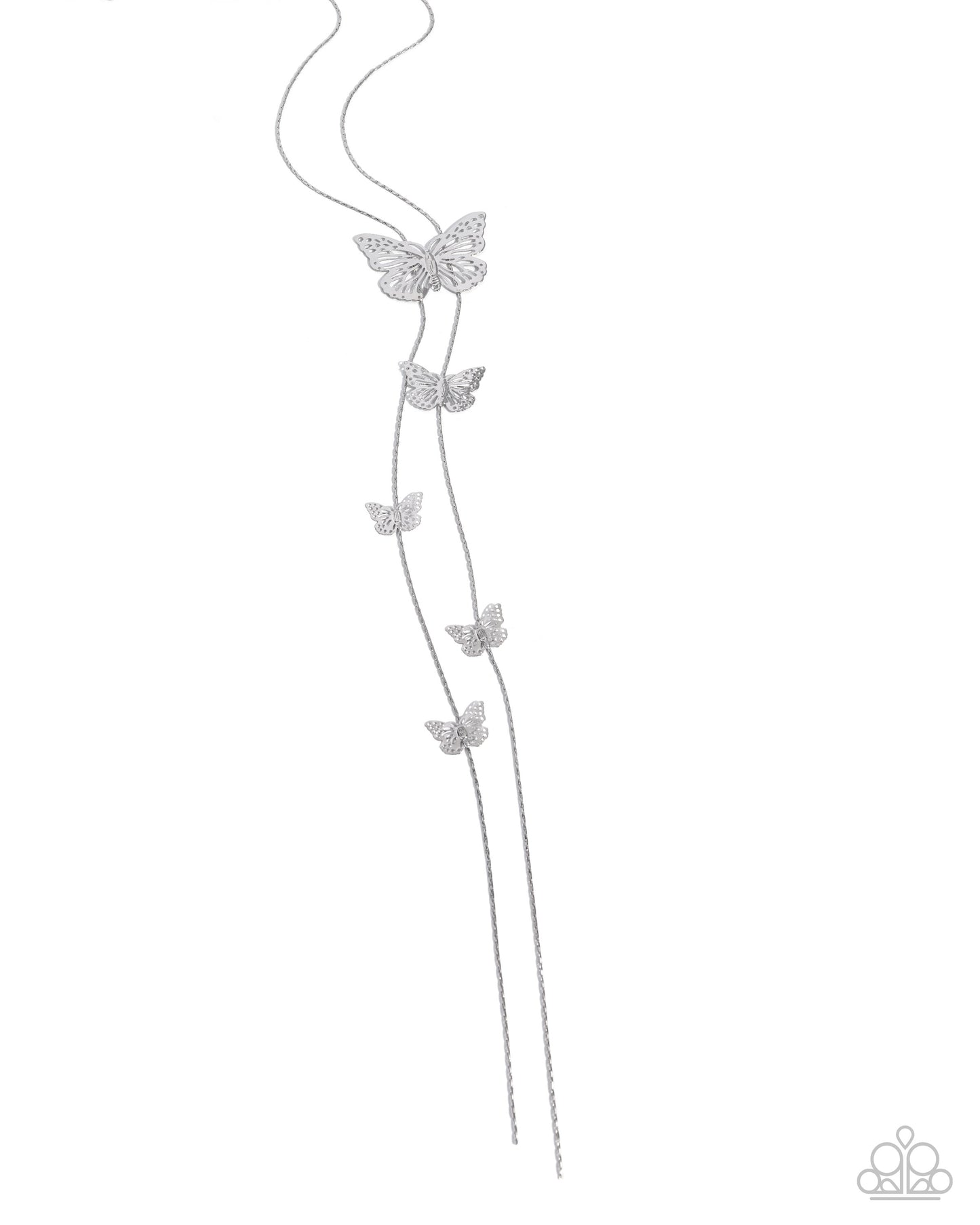 A silver-toned long necklace featuring five delicate butterfly motifs attached to thin chains, displayed against a solid white background.