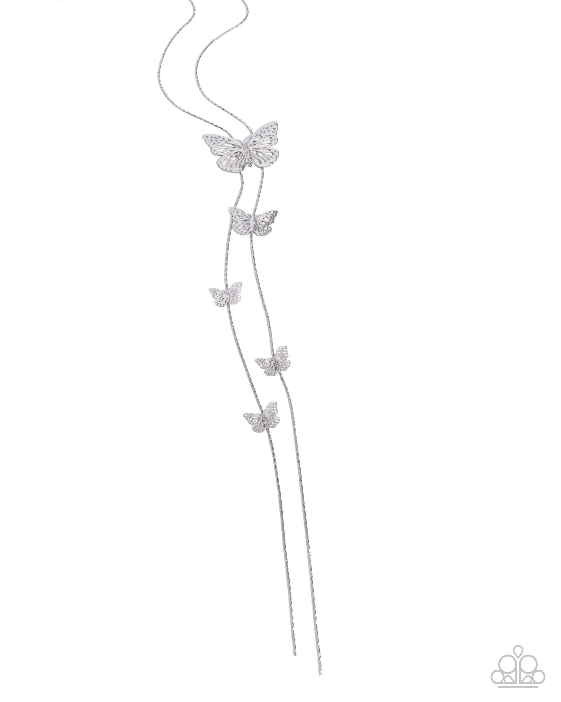 A silver-toned long necklace featuring five delicate butterfly motifs attached to thin chains, displayed against a solid white background.