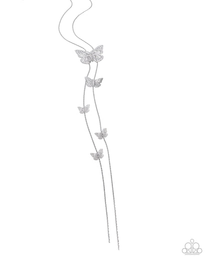 A silver-toned long necklace featuring five delicate butterfly motifs attached to thin chains, displayed against a solid white background.