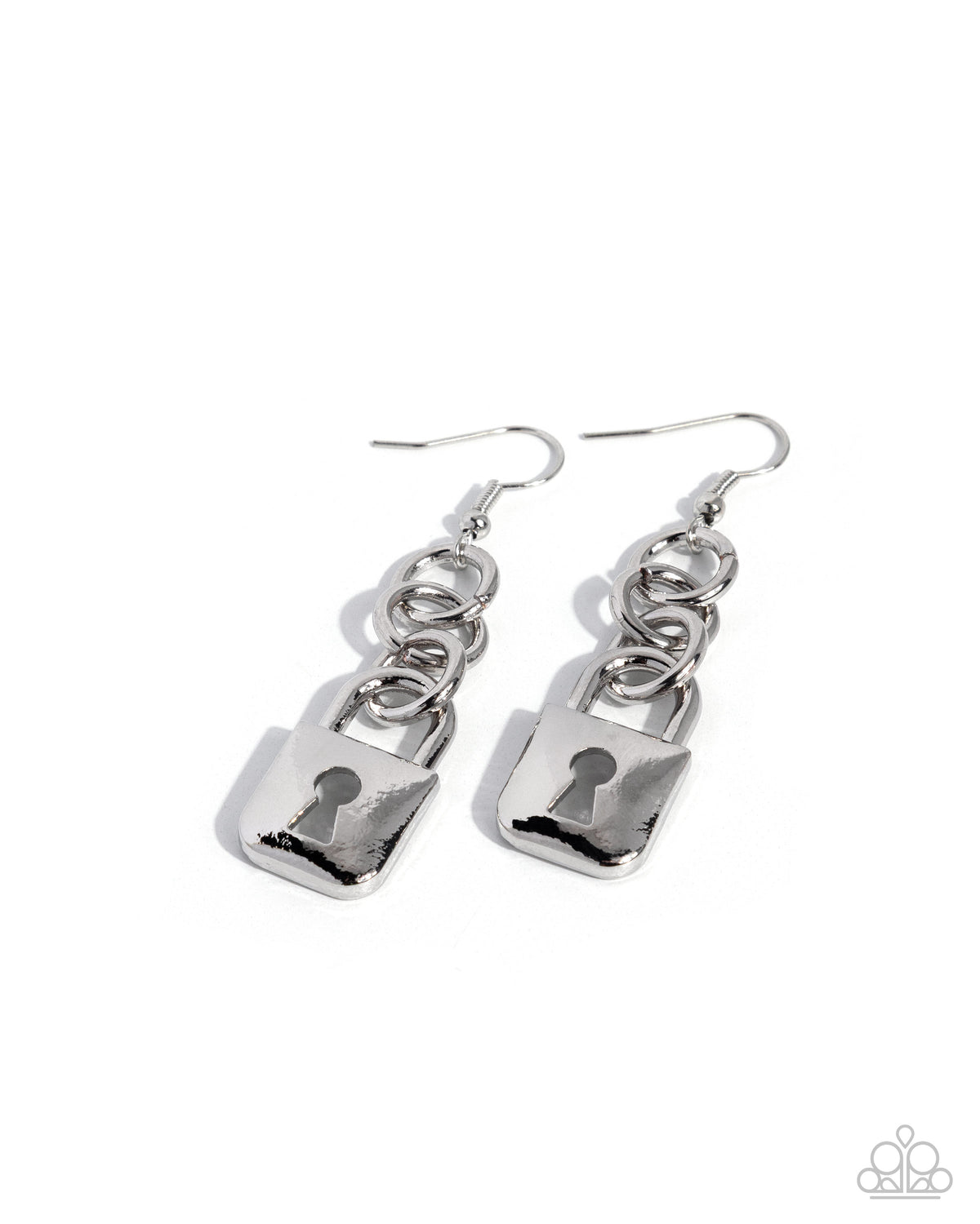A pair of silver-toned drop earrings featuring a small padlock charm with a keyhole cutout, suspended from linked chain loops on fishhook wires, shown on a plain white background.