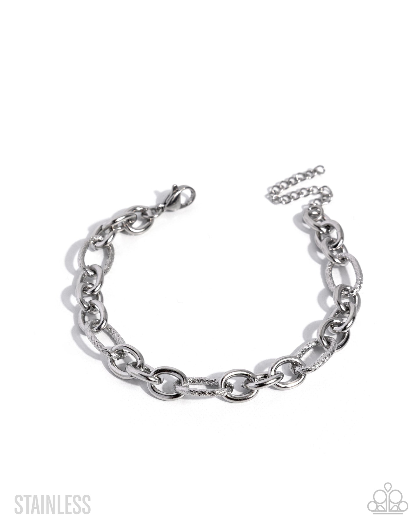 A silver stainless steel chain link bracelet with a lobster clasp and extender chain, displayed on a clean white background with brand watermarks.