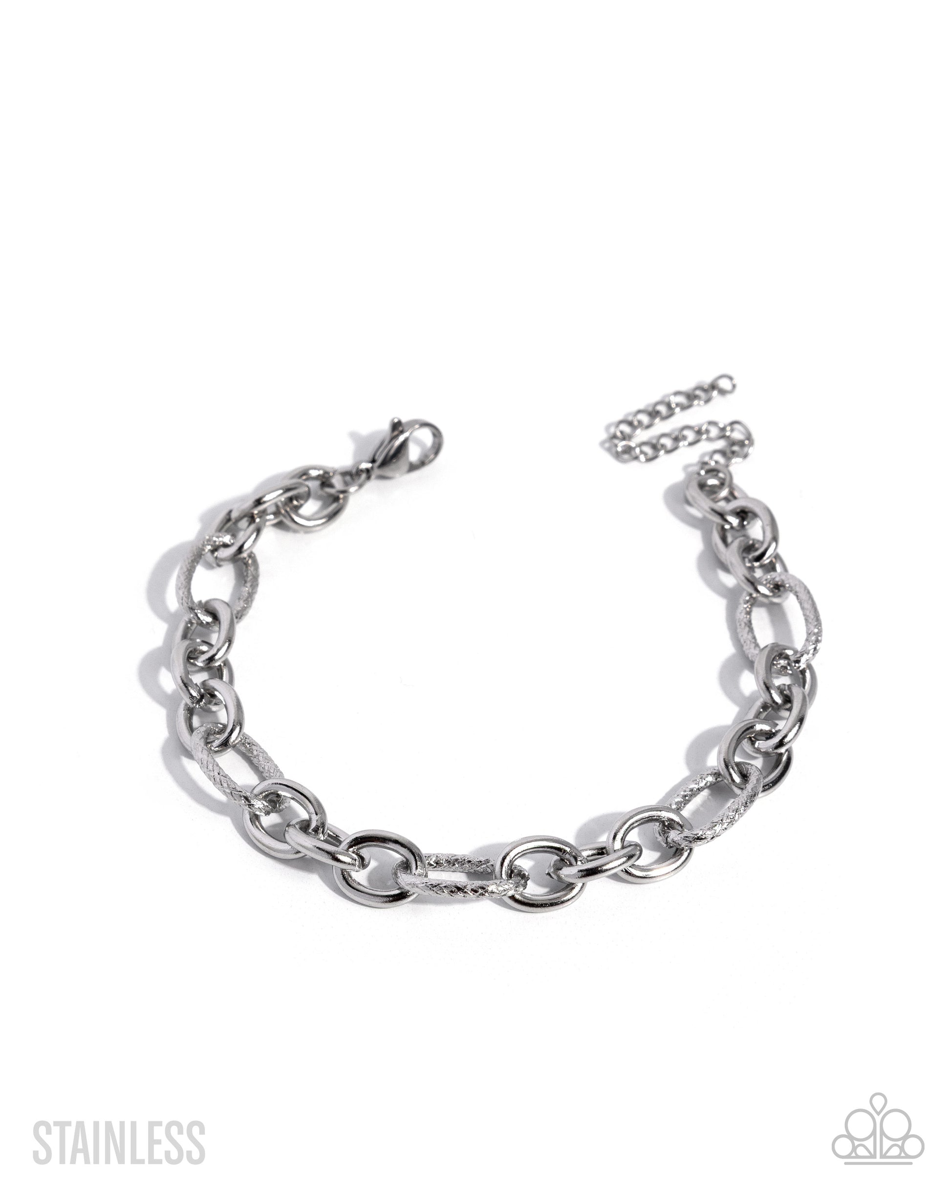 A silver stainless steel chain link bracelet with a lobster clasp and extender chain, displayed on a clean white background with brand watermarks.