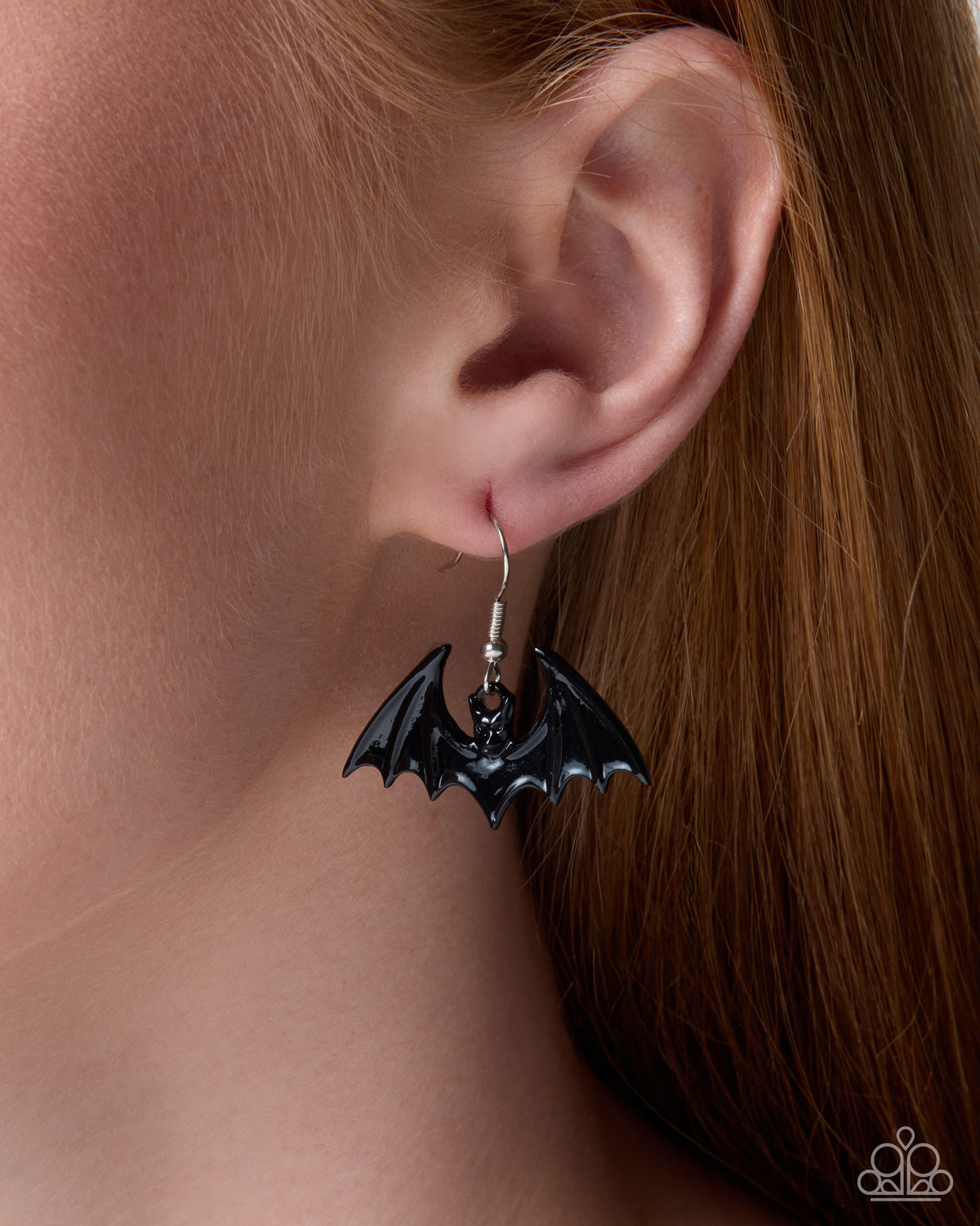 Bat Cave black bat earrings detail view - Jewelry by Bretta