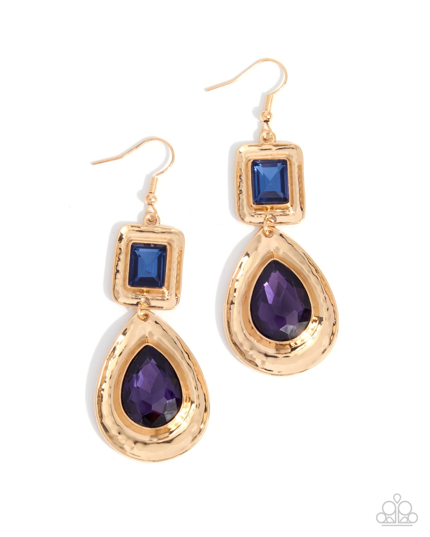 Fashionable Fantasy gold fishhook earrings with blue and purple teardrop gems
