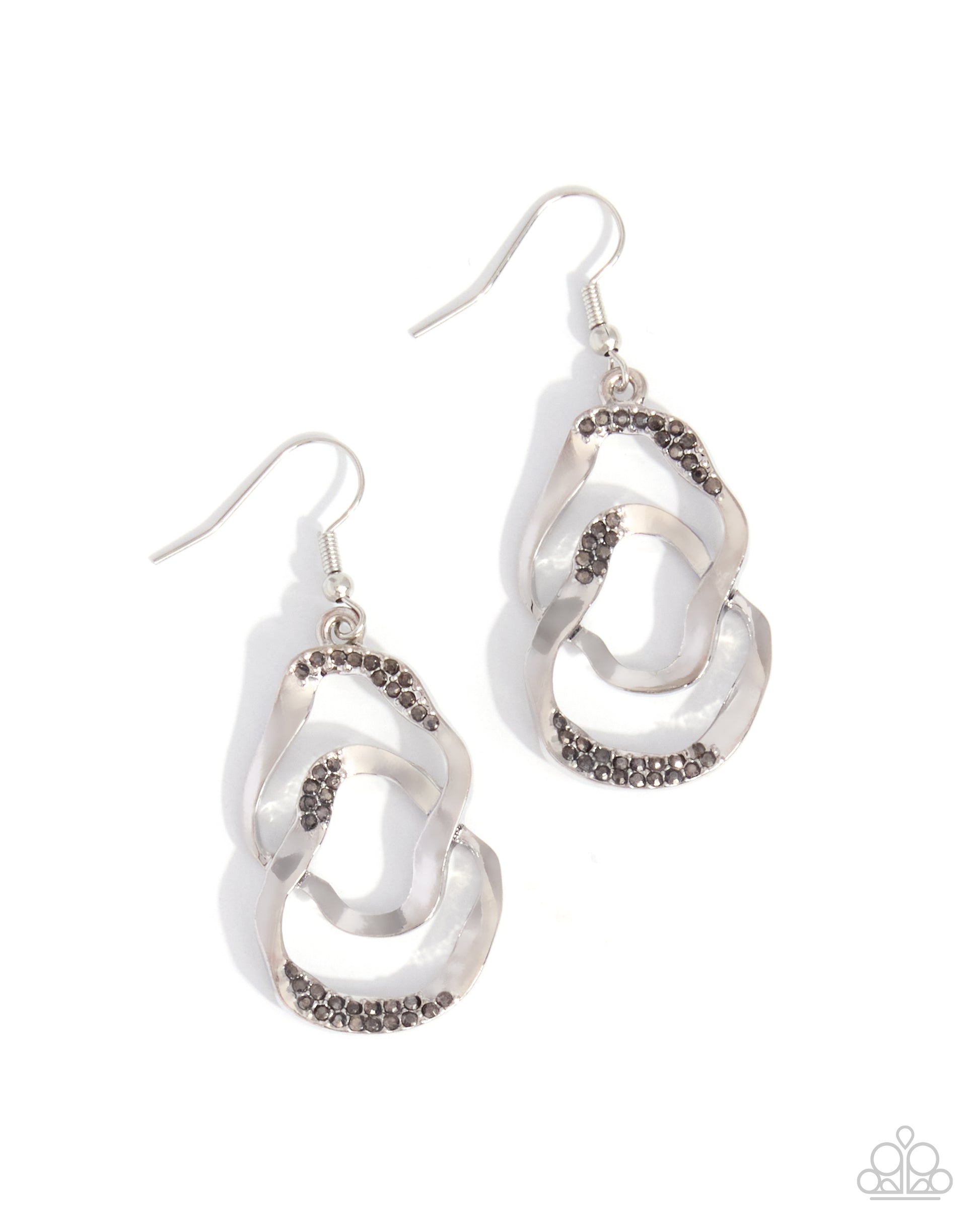 Laid-Back Layers silver hammered drop earrings with hematite rhinestone details by Jewelry by Bretta