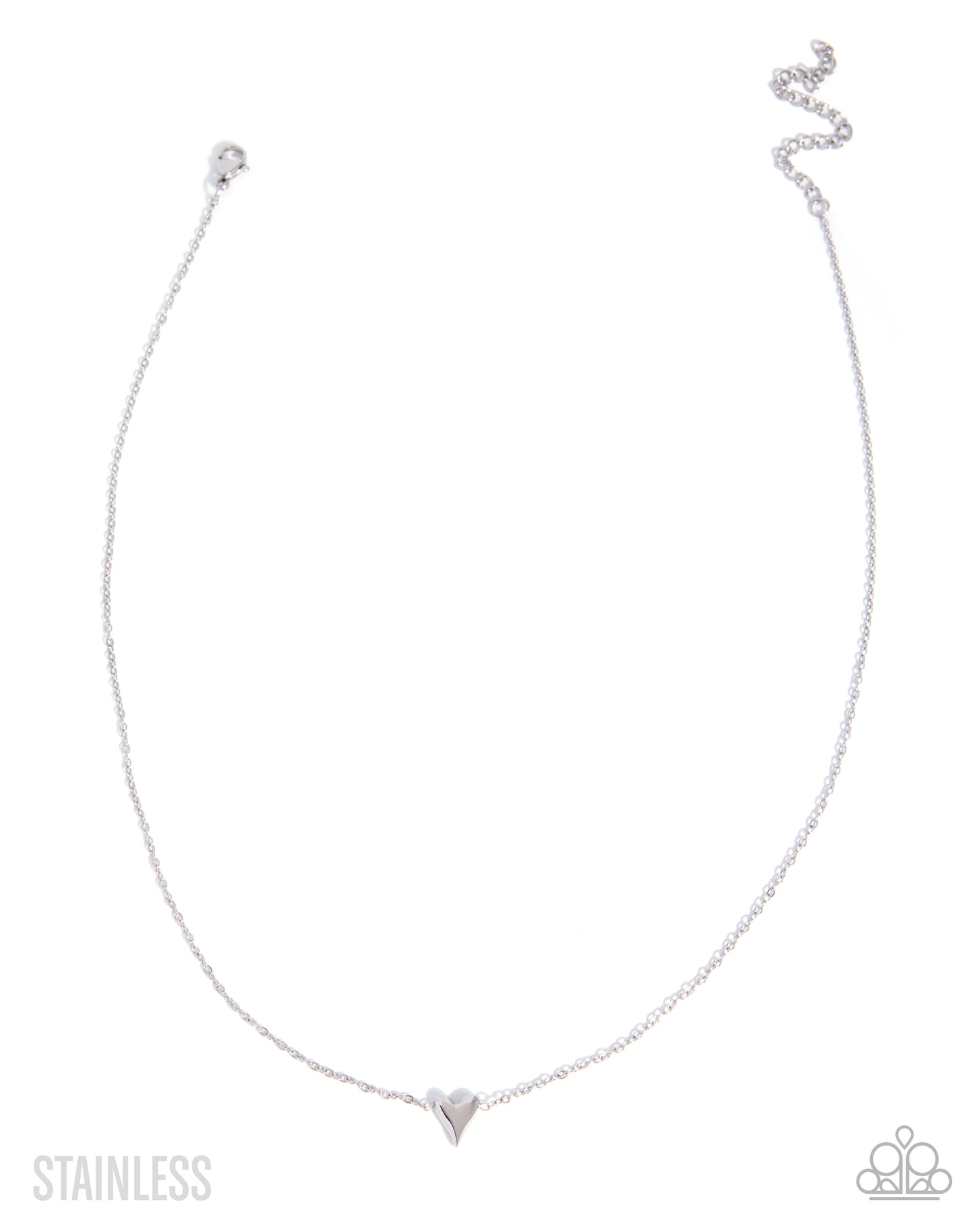 A delicate stainless steel chain necklace with a small heart-shaped pendant, displayed on a clean white background with a brand logo in the bottom right corner.