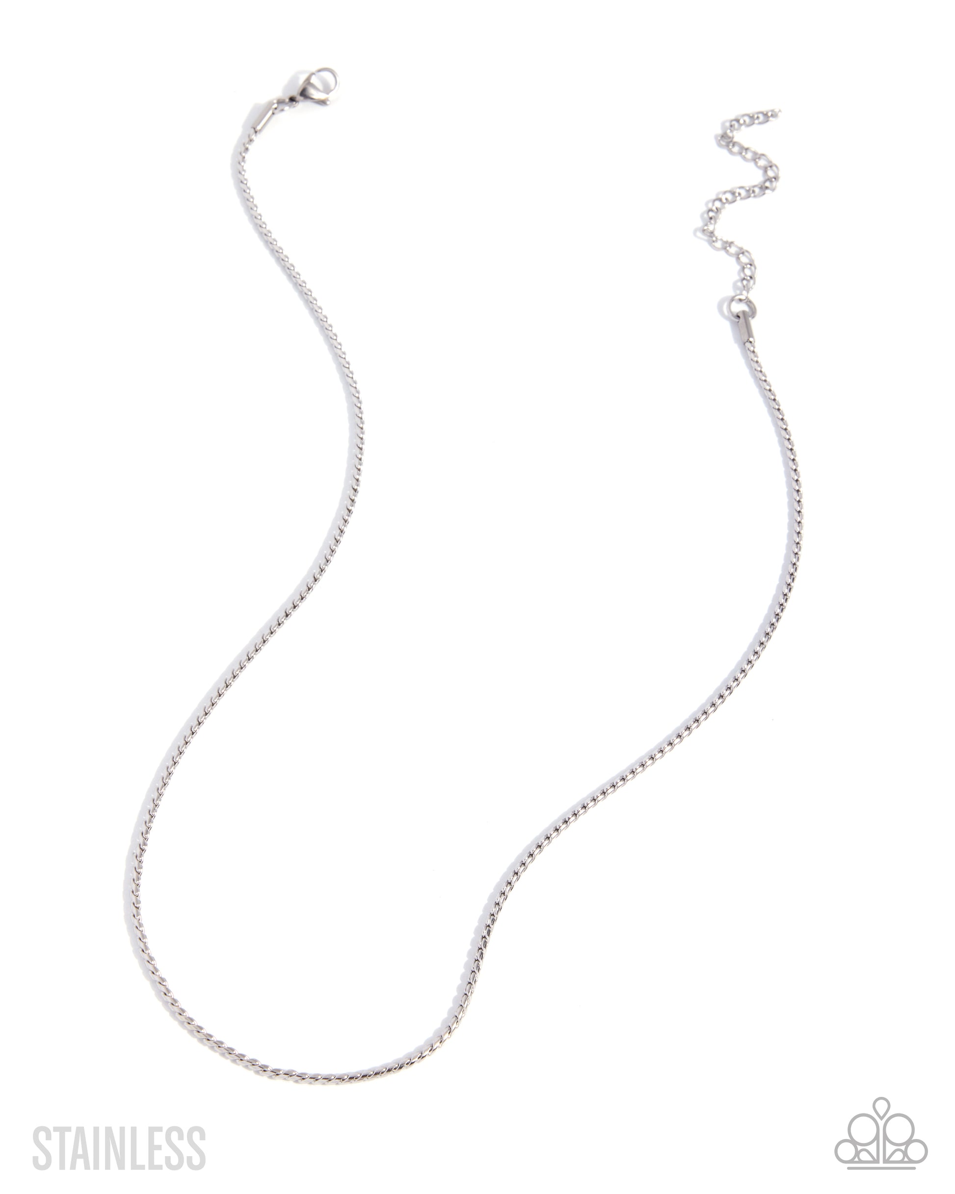 A silver stainless steel snake chain necklace with a lobster clasp and extender, displayed on a clean white background with brand text and logo.