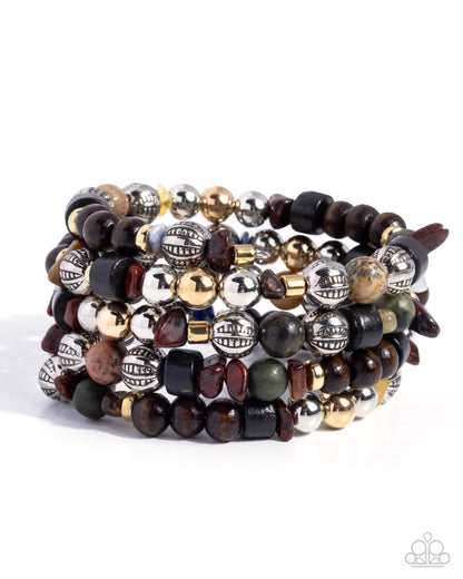 A stack of five beaded wrap bracelets featuring a mix of metallic silver, bronze, dark brown, black, and green beads, displayed on a clean white background.