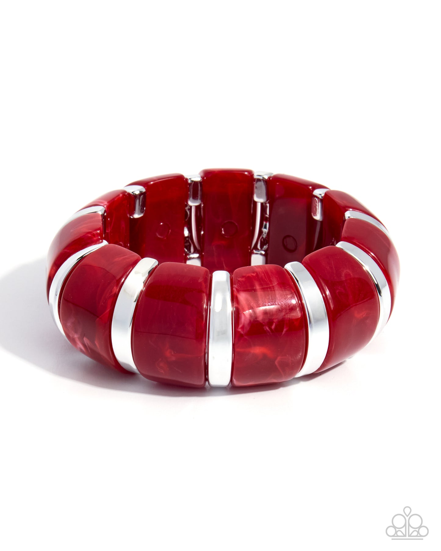 A chunky stretch bracelet made of glossy red translucent beads separated by polished silver metal bands, shown on a clean white background.