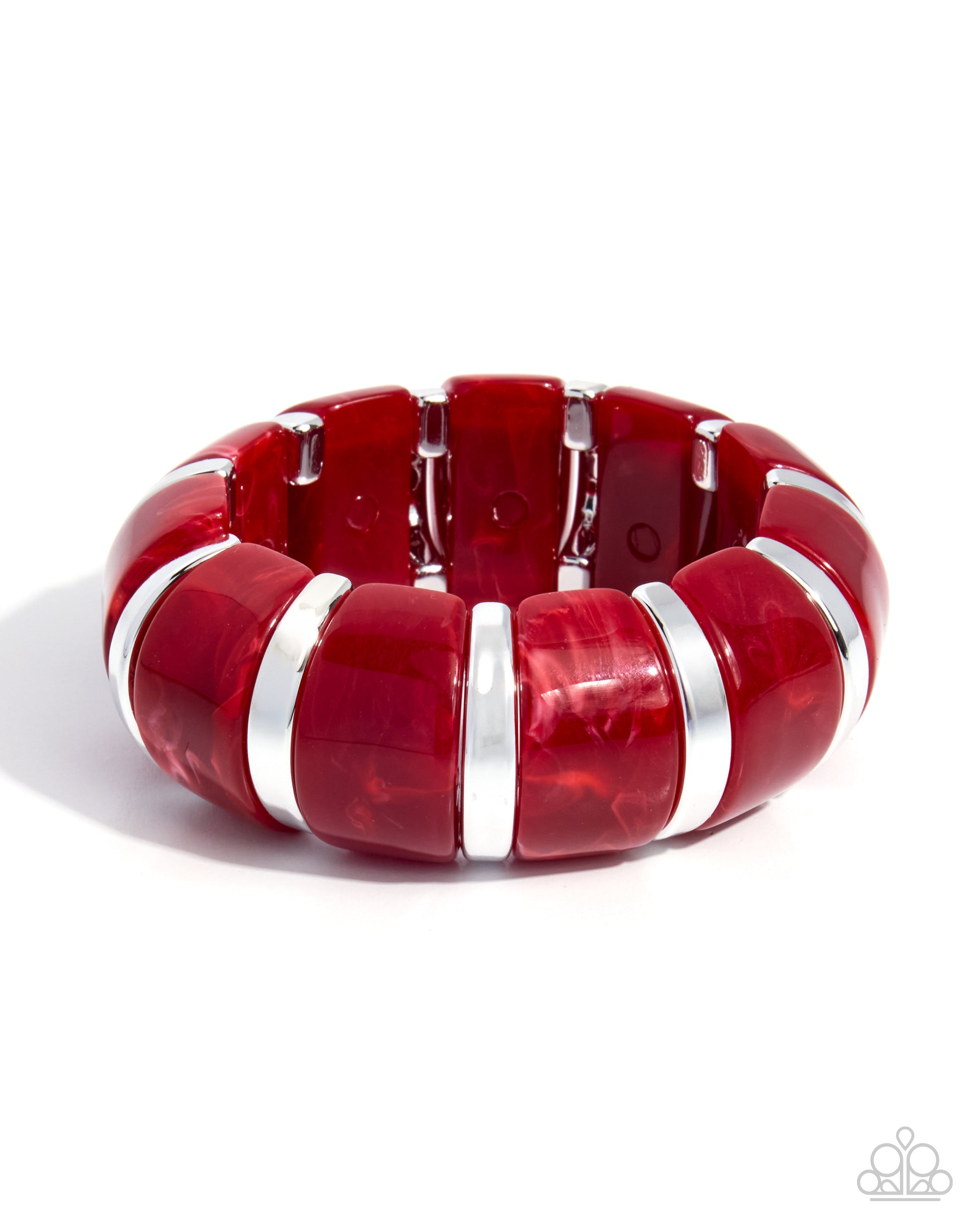 A chunky stretch bracelet made of glossy red translucent beads separated by polished silver metal bands, shown on a clean white background.