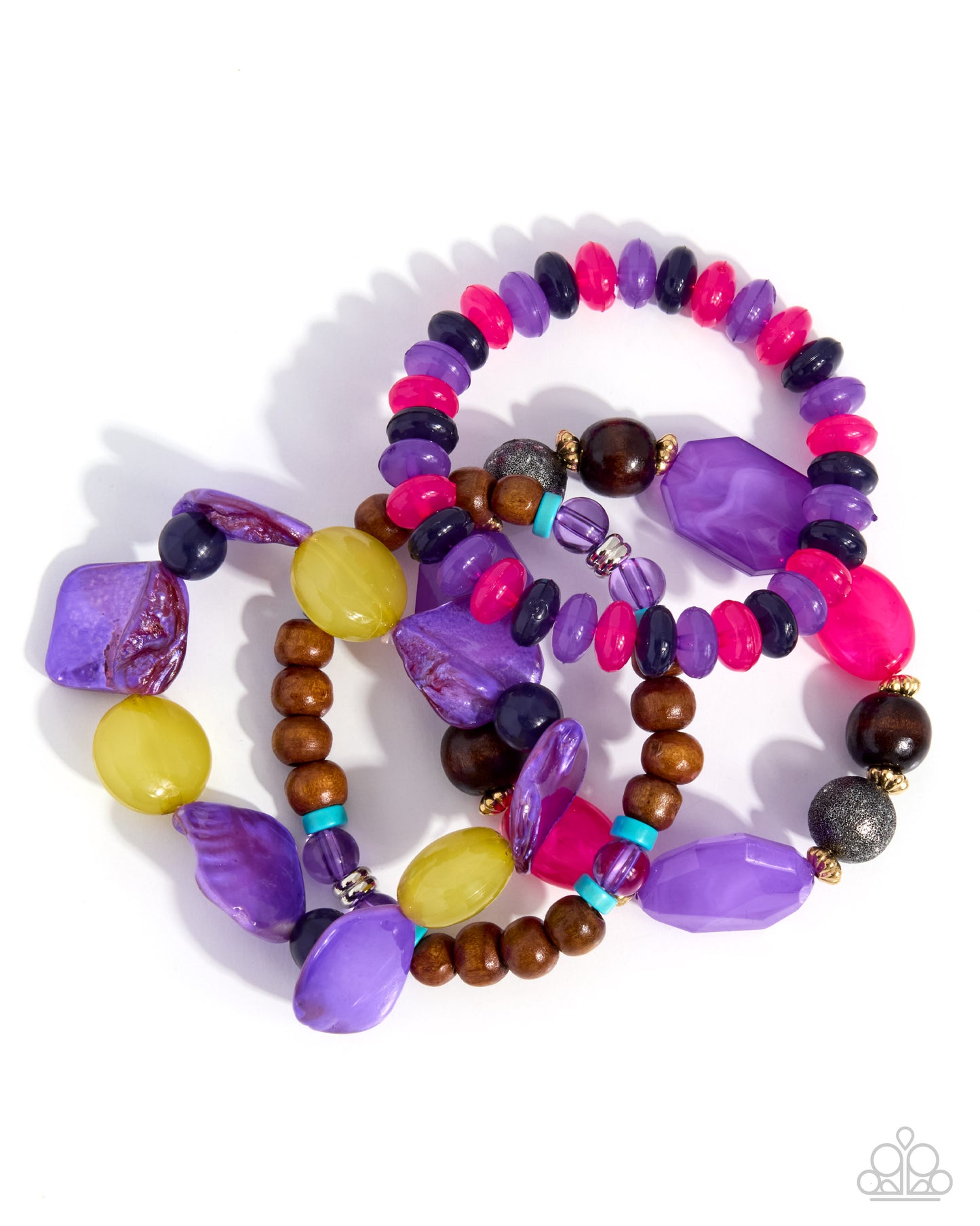 Straightforward Season purple four-piece beaded bracelet set with shells, wood and turquoise stone