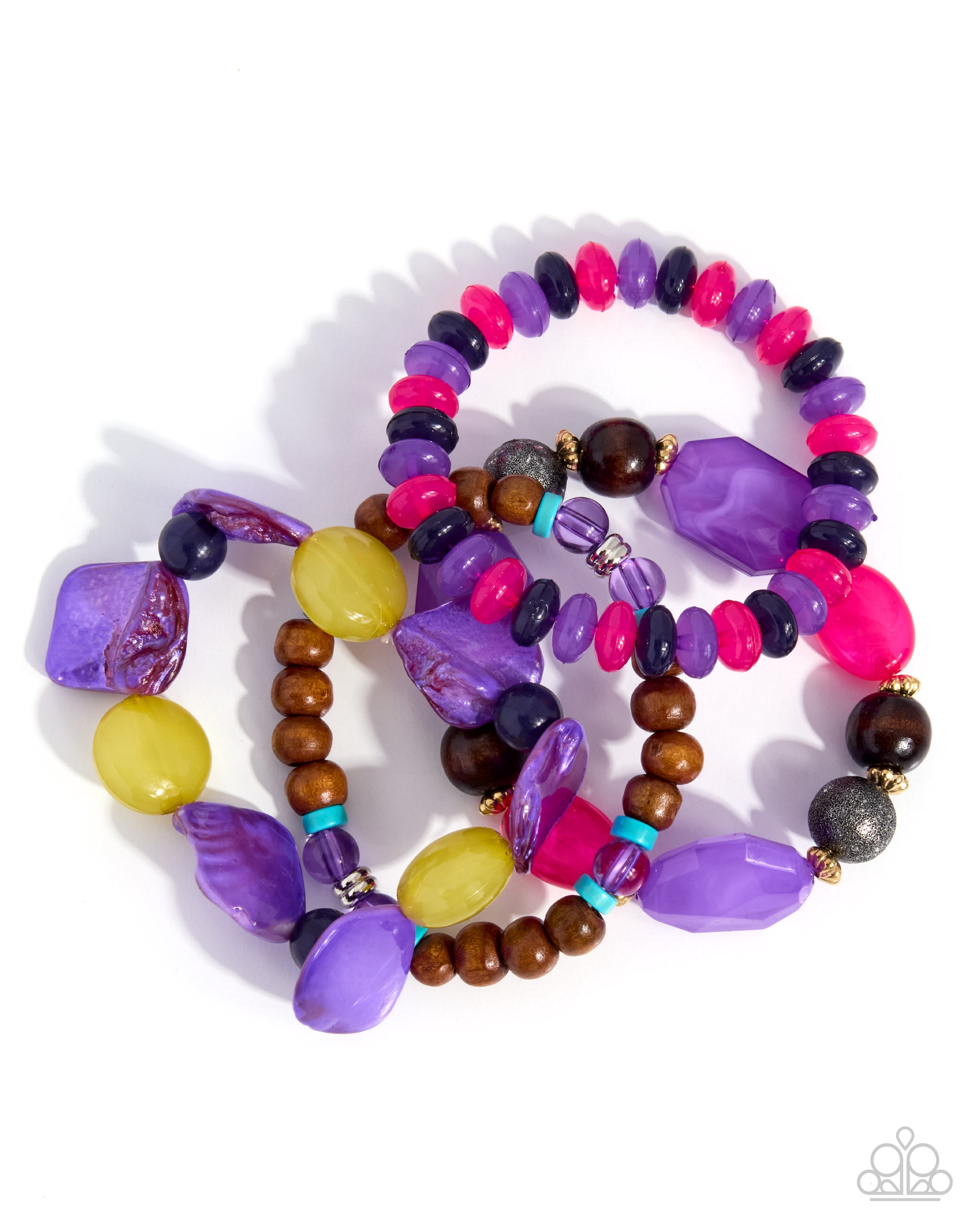 Straightforward Season purple four-piece beaded bracelet set with shells, wood and turquoise stone