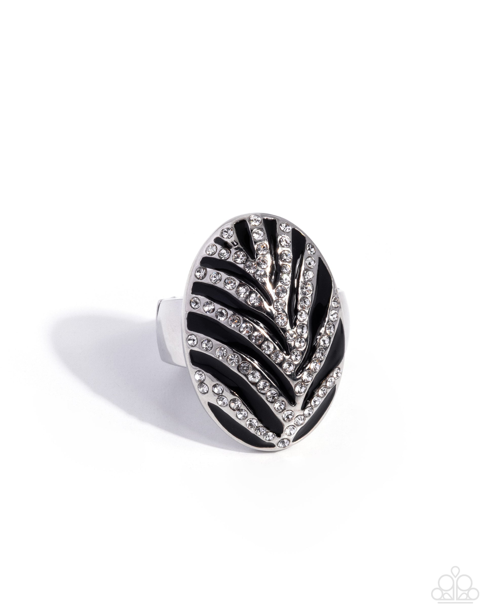 A silver-toned ring featuring a large oval face with a black and silver zebra-like leaf pattern accented by clear rhinestones, shown on a white background with a soft shadow.