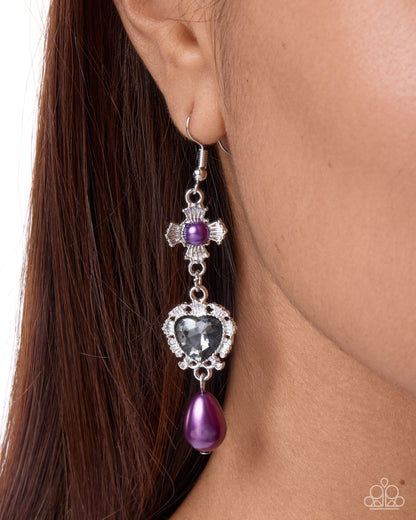 Paparazzi Structured Sweetheart Purple heart and plum pearl dangle earrings | Jewelry by Bretta, photo 2
